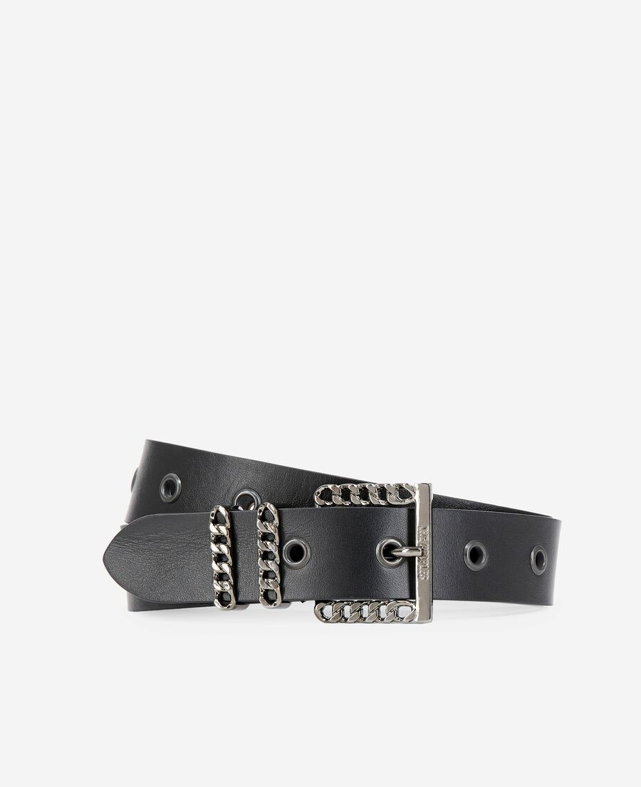 The Kooples F BLACK leather belt with black chain buckle