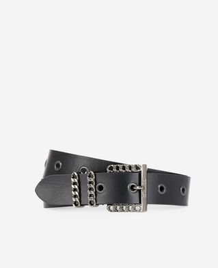 The Kooples F BLACK leather belt with black chain buckle