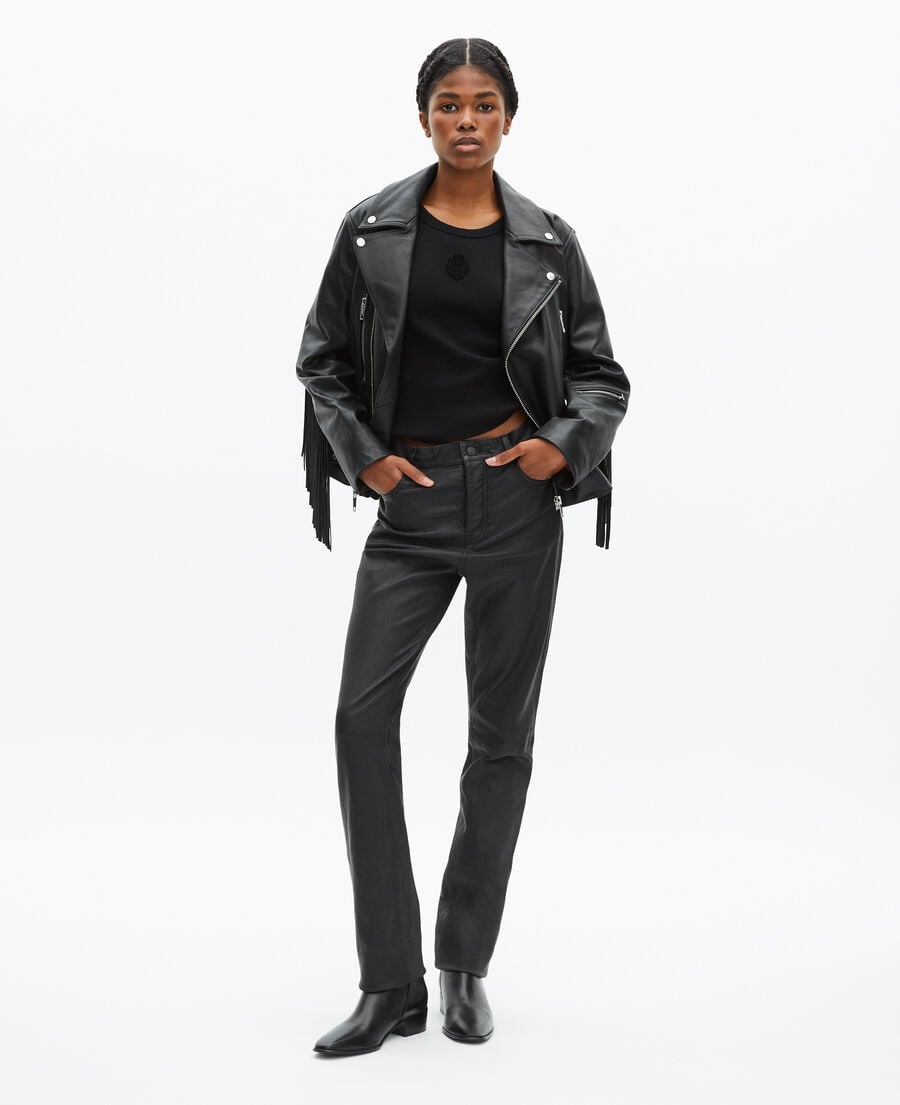 The Kooples DAMEN BLACK schwarze lederjacke mit fransen