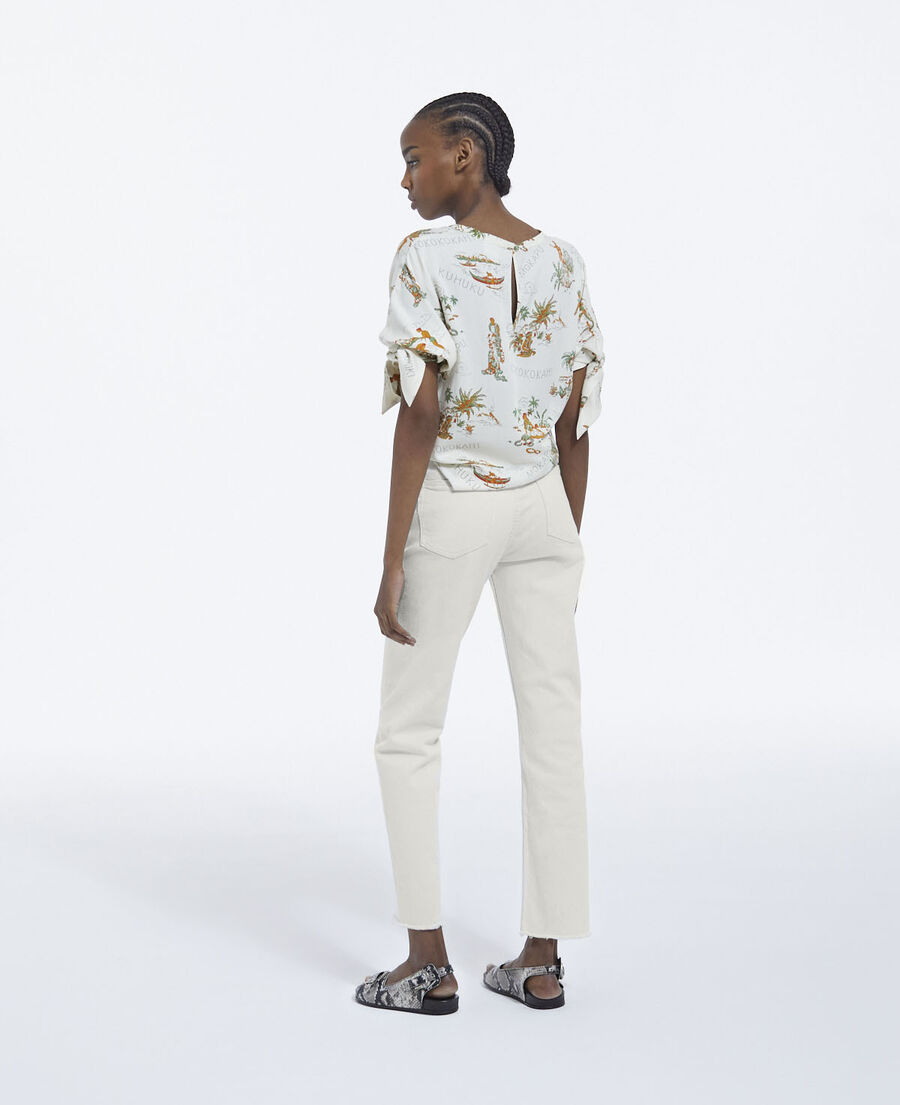 flowing printed white top with knotted details