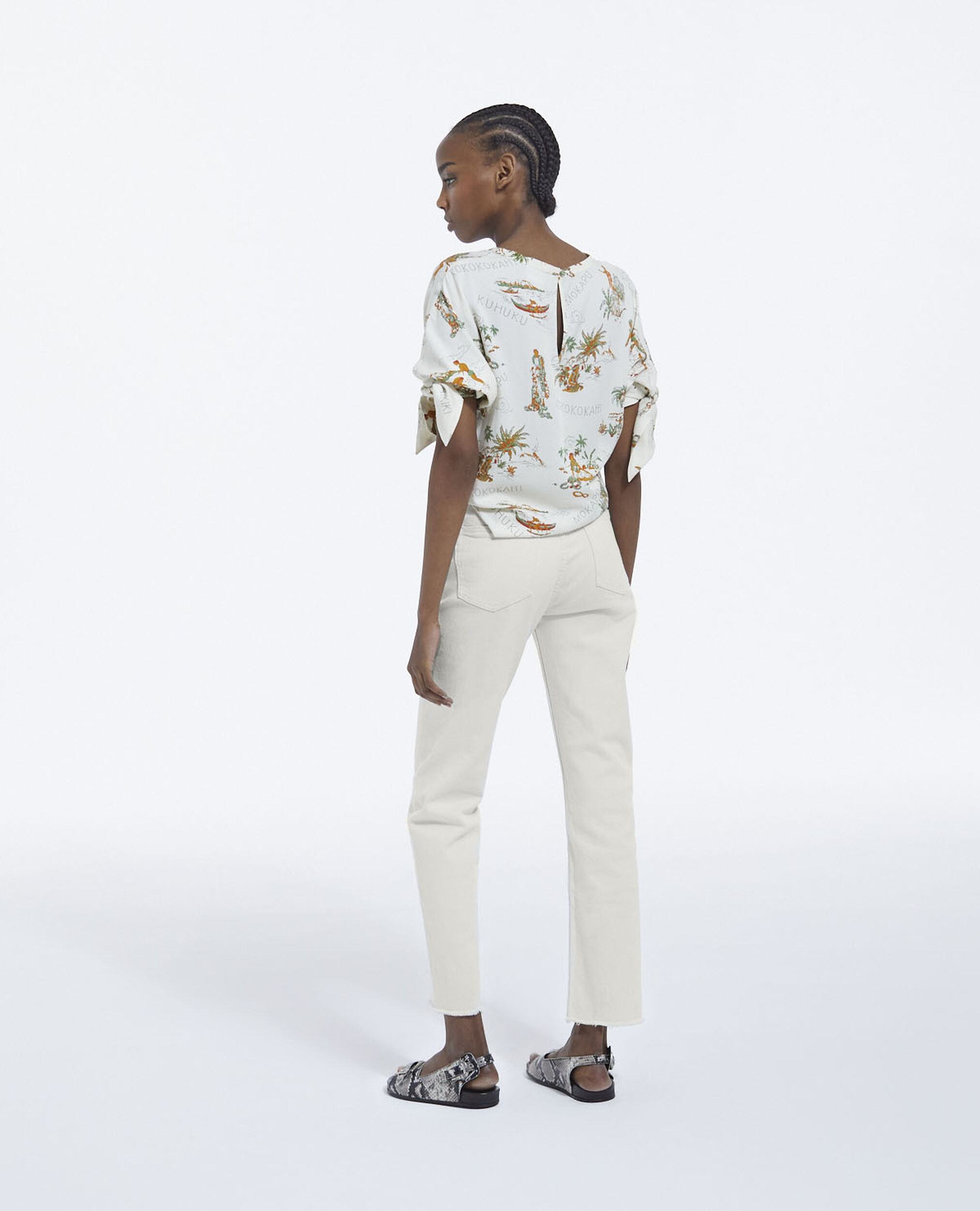 Flowing printed white top with knotted details, WHITE, hi-res image number null