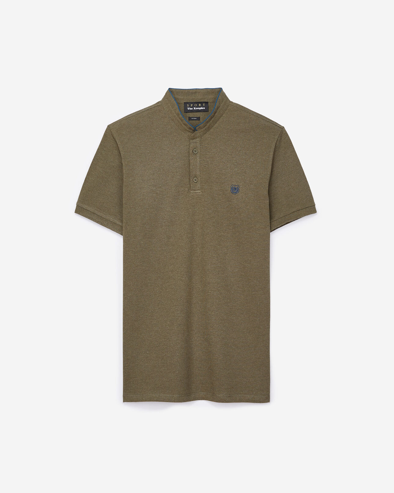The Kooples MEN LIGHT KAKI CHINE/PETROL khaki cotton polo shirt with band collar and blue details