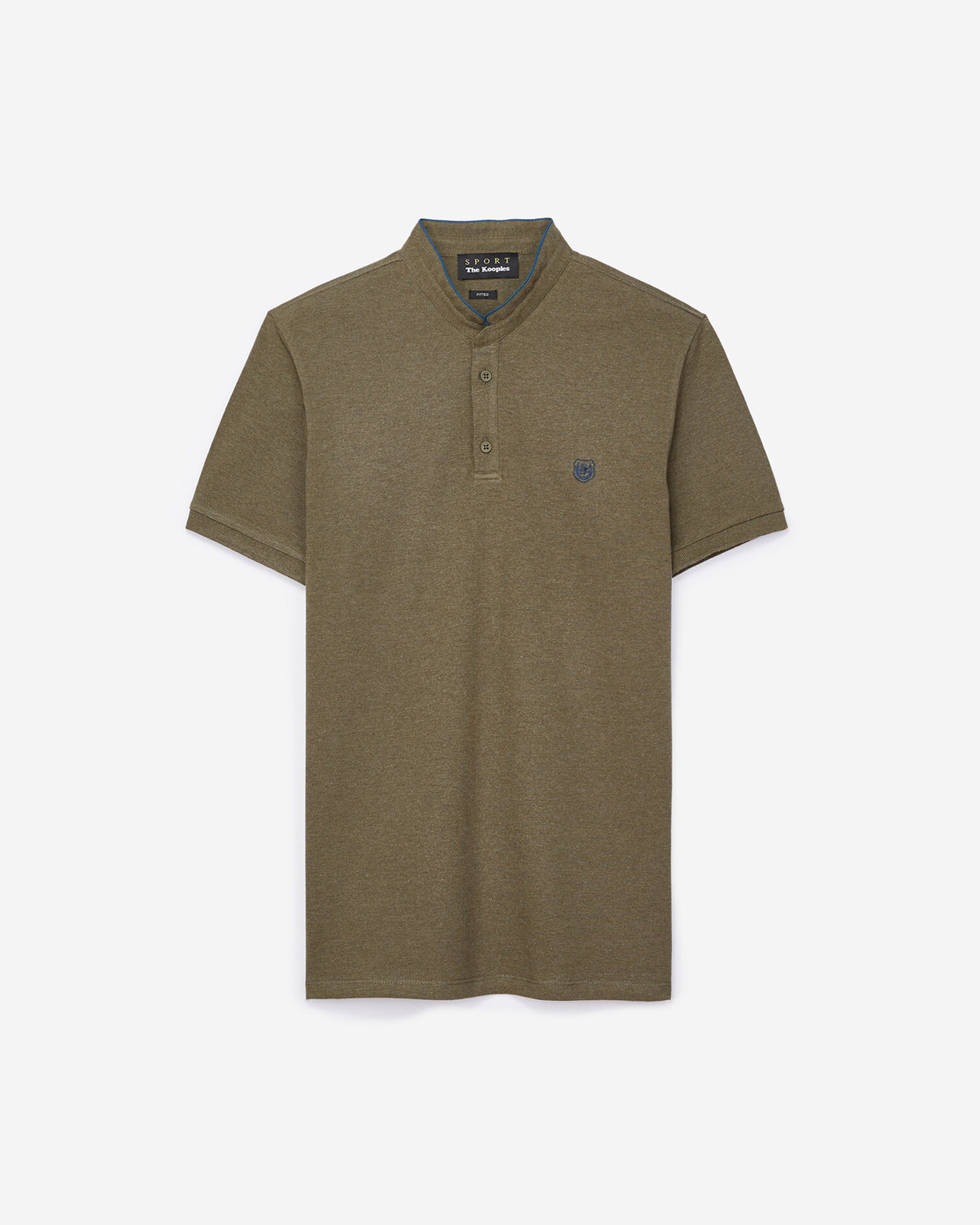 Khaki cotton polo shirt with band collar and blue details, LIGHT KAKI CHINE/PETROL, hi-res image number null