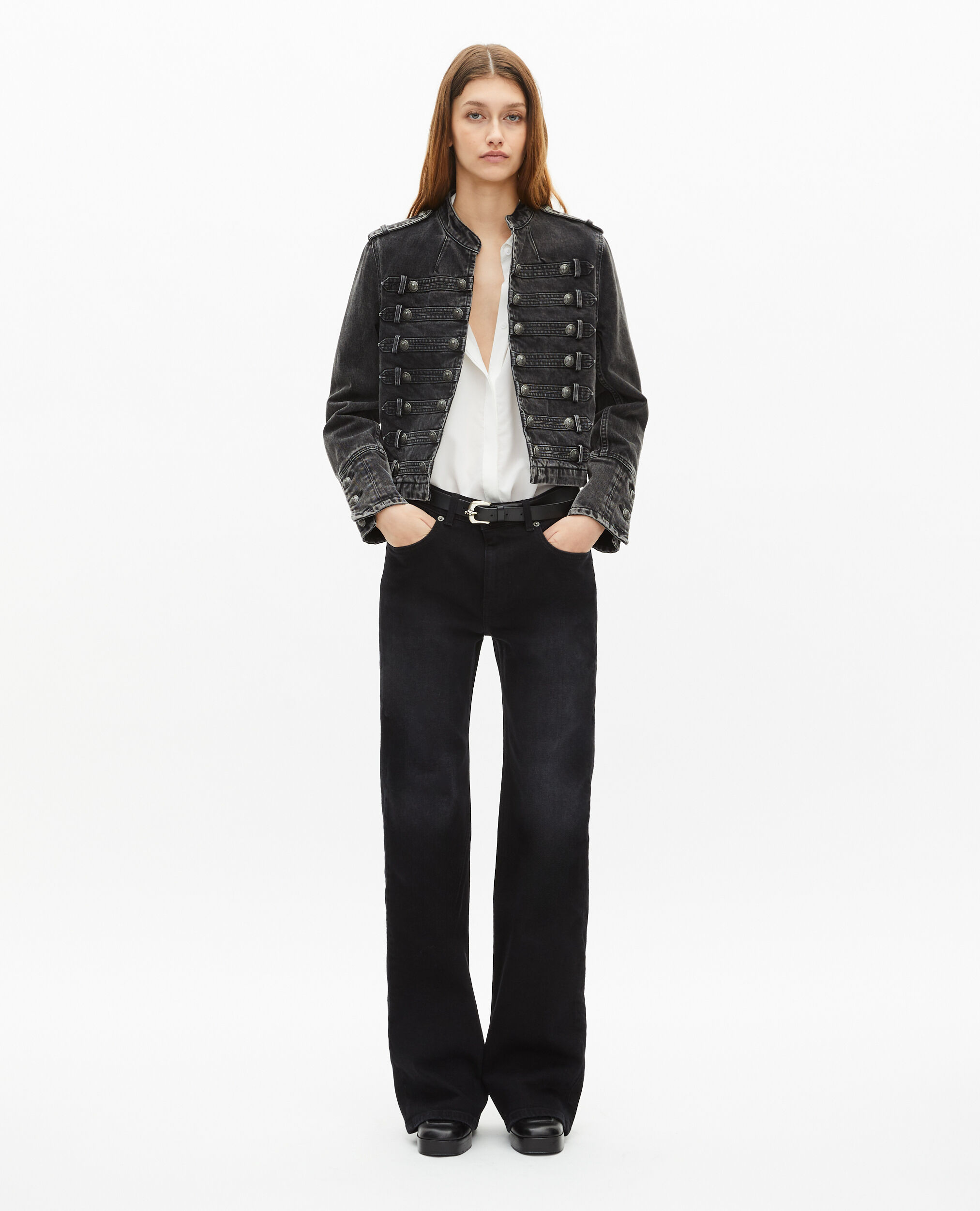 Graue Jeansjacke im Offiziersstil, BLACK WASHED, hi-res image number null