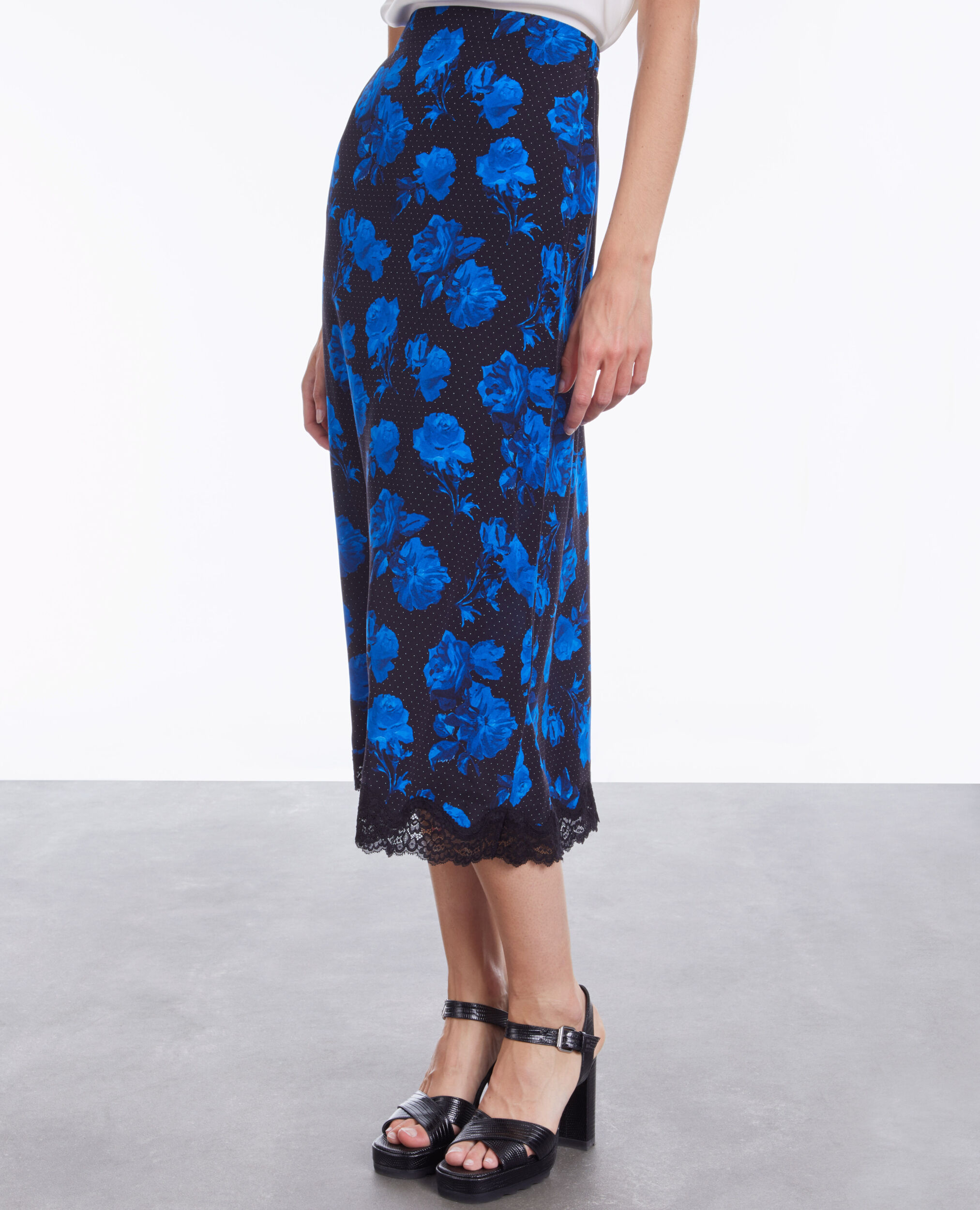 Long printed silk skirt with lace details, BLACK BLUE, hi-res image number null
