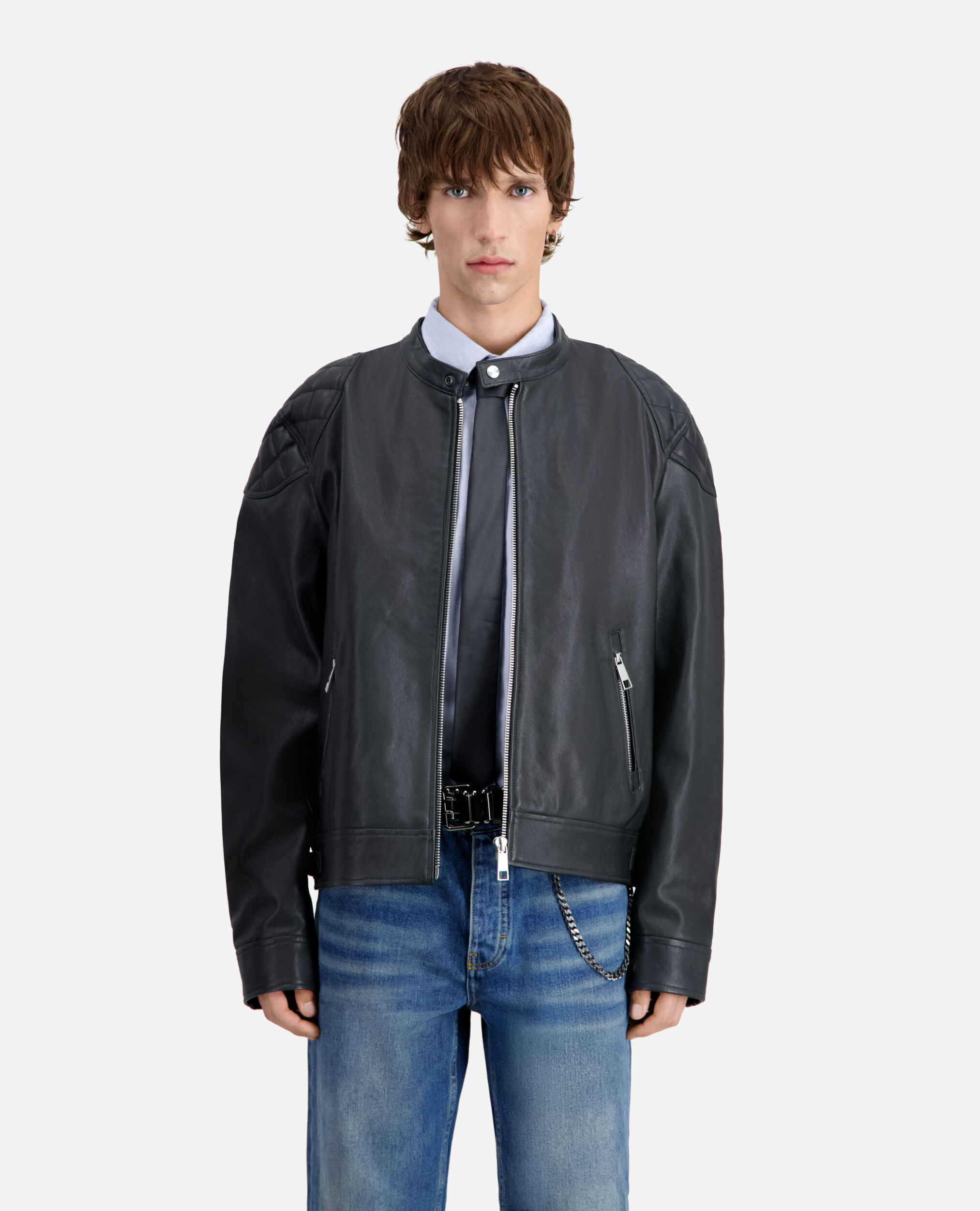 Black leather jacket with quilted details, BLACK, hi-res image number null