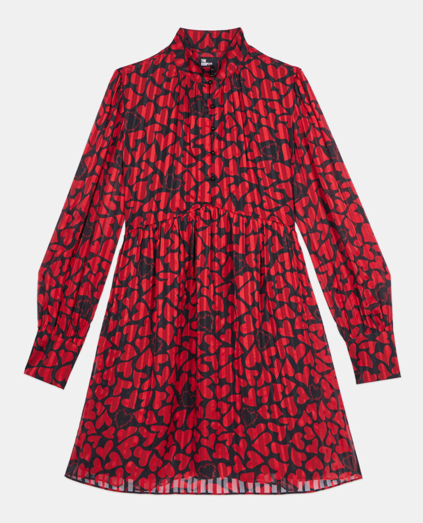 The Kooples FEMME BLACK - RED robe courte pliss&eacute;e imprim&eacute; c&oelig;urs