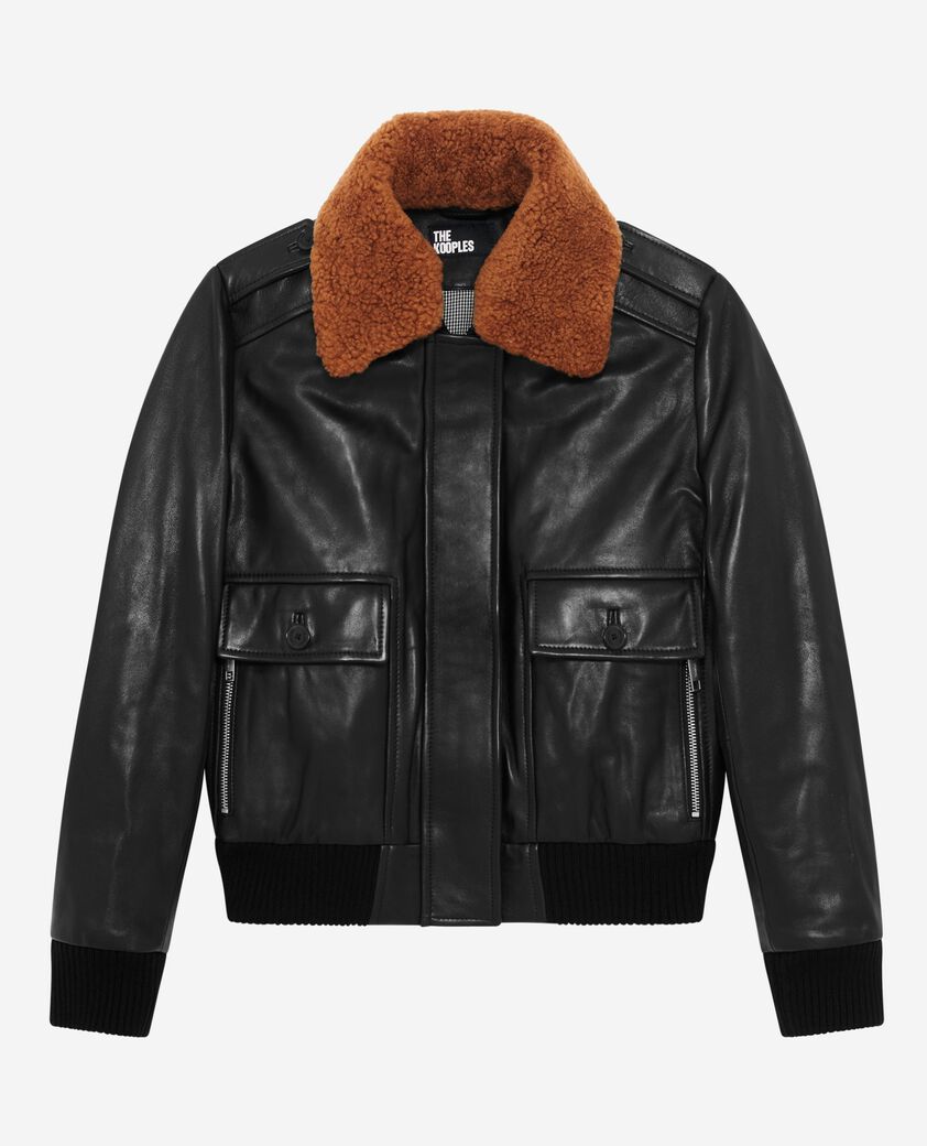 The Kooples DAMEN BLACK kurze schwarze glattlederjacke mit sherpa-kragen