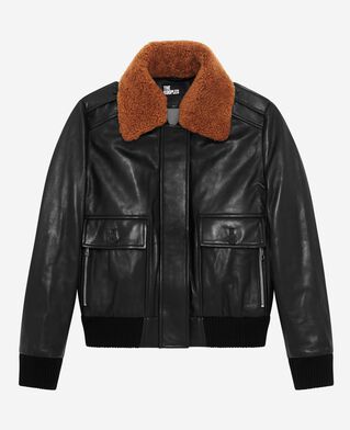 The Kooples FEMME BLACK blouson court en cuir lisse col sherpa noir