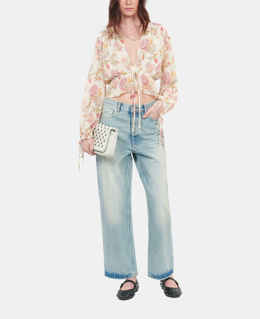 The Kooples FEMME BEIGE / RED top imprim&eacute; fleuri en soie avec volants