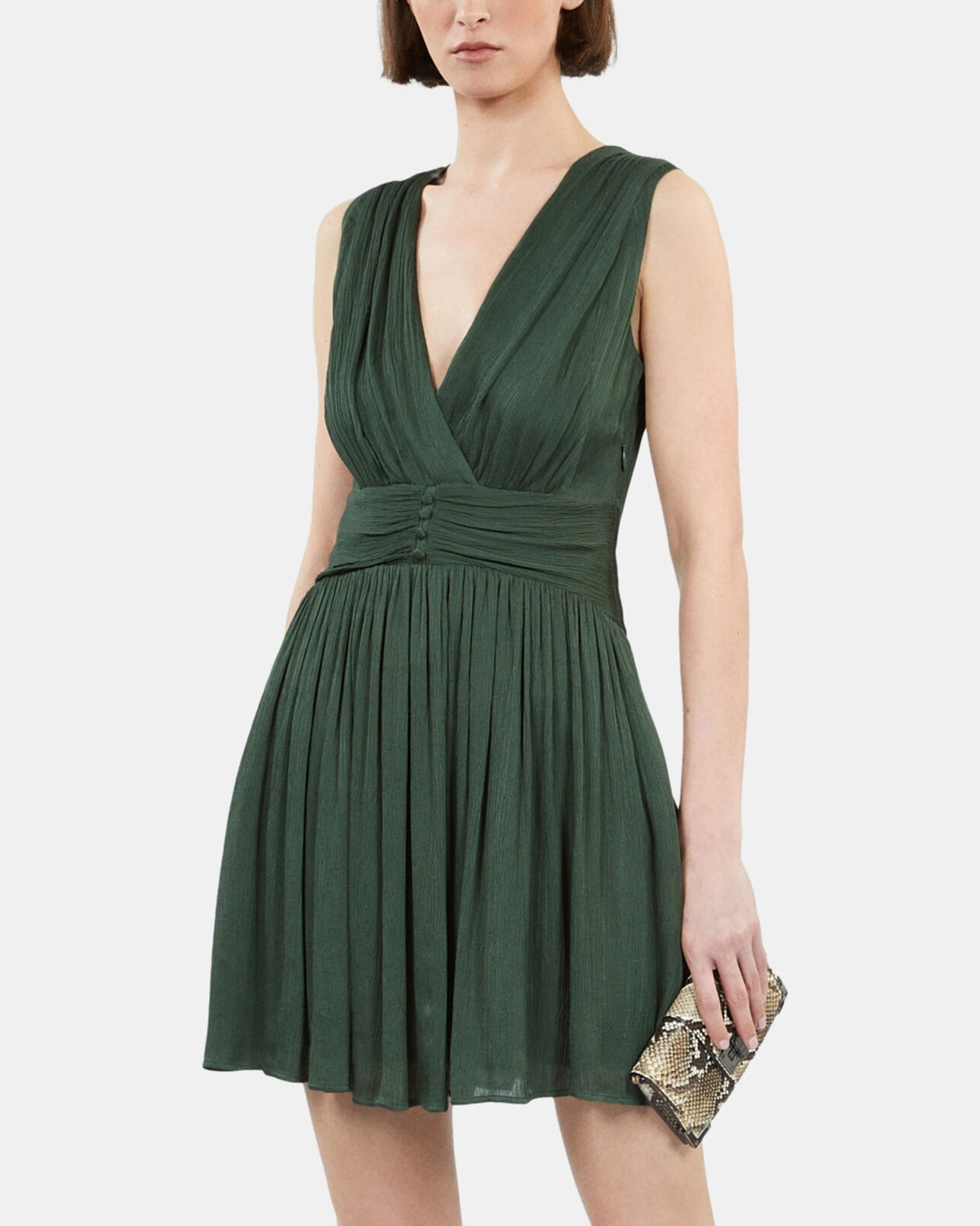 The Kooples WOMEN WOOD KAKI short green crinkle fabric dress