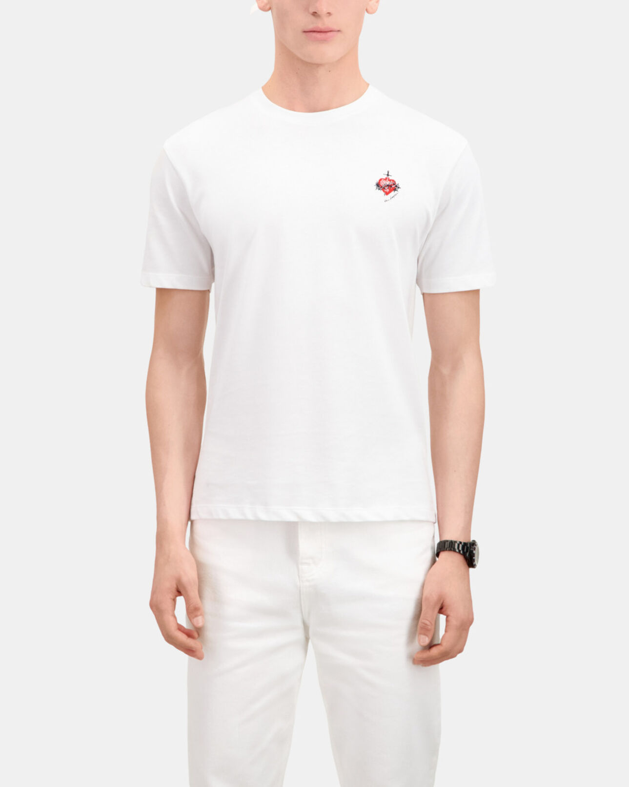 The Kooples MEN WHITE men's white t-shirt with dagger through heart embroidery