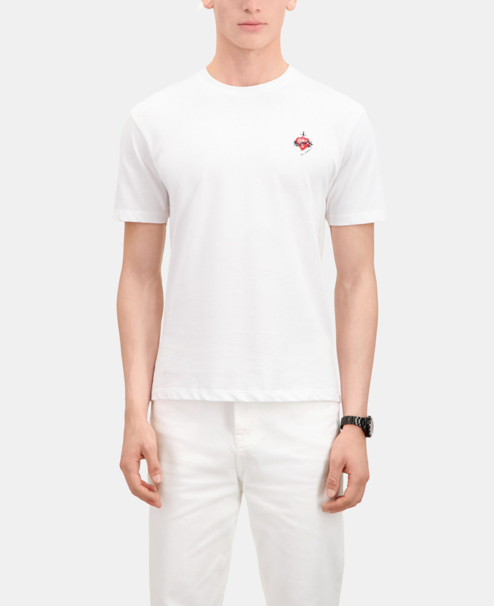 The Kooples MEN WHITE men's white t-shirt with dagger through heart embroidery