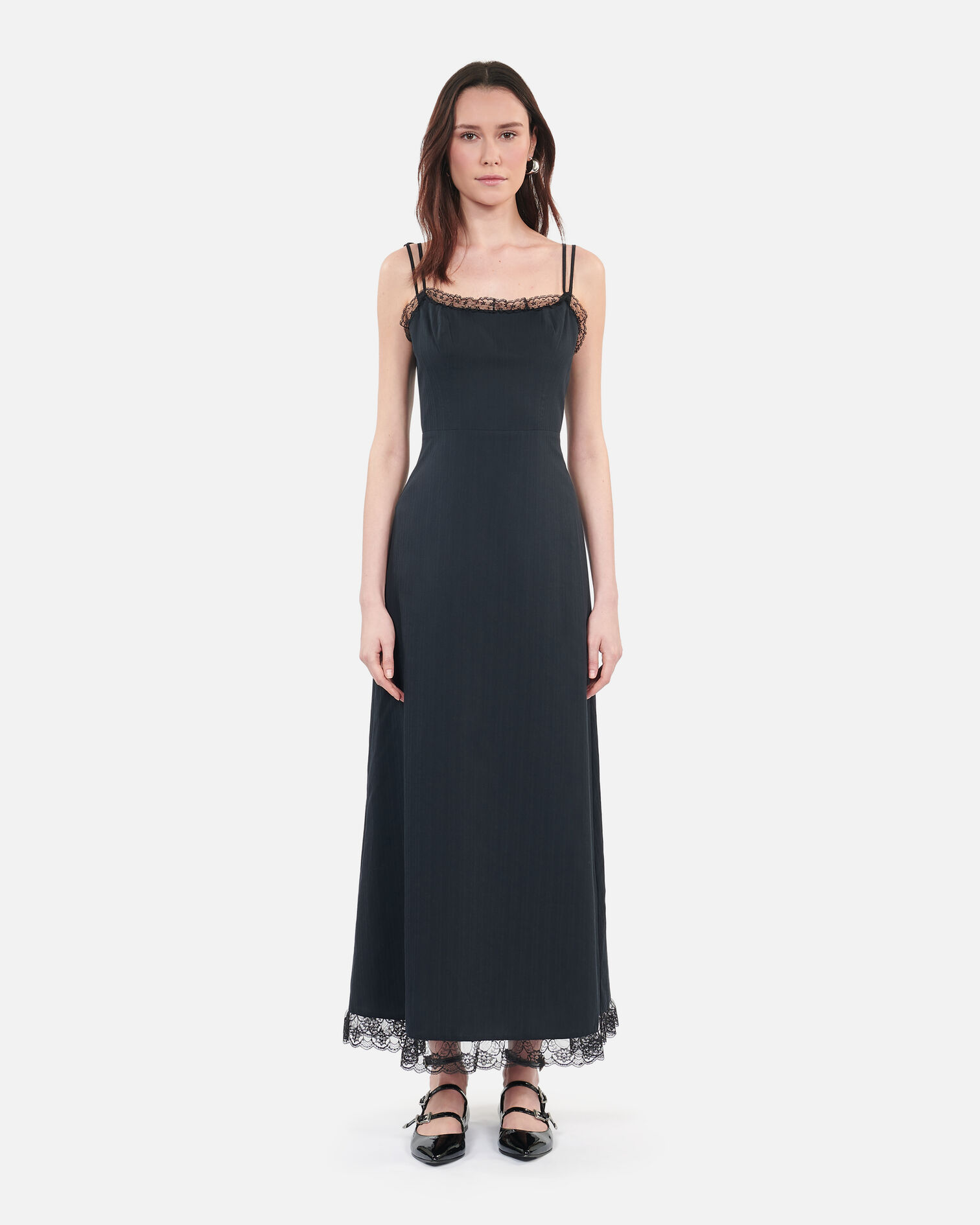 Long black dress with lace, BLACK, hi-res image number null