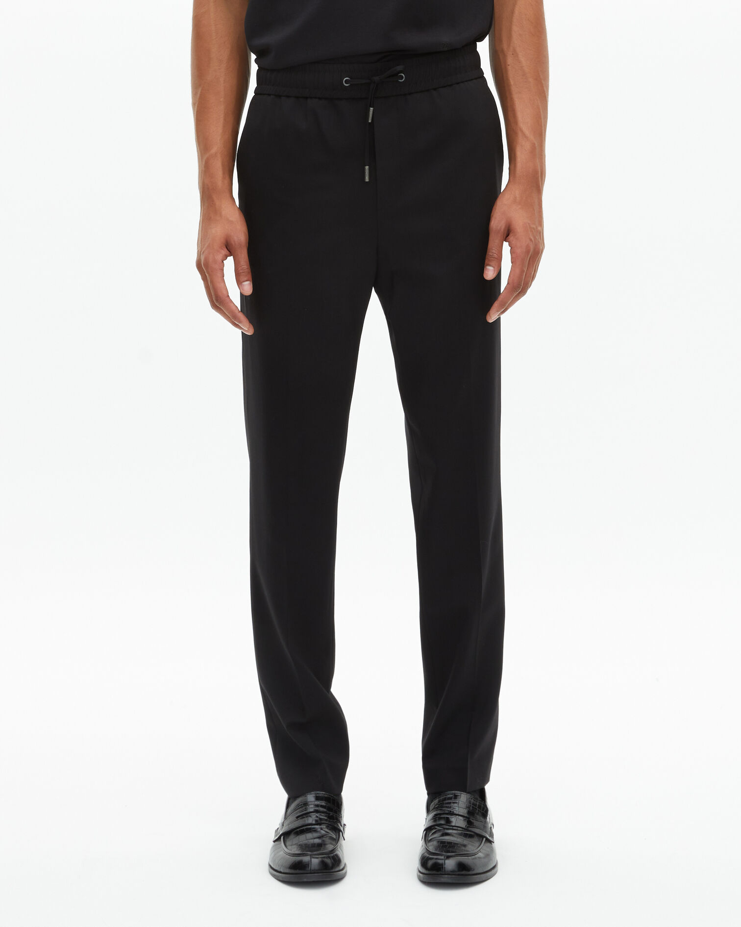 Black wool straight elasticated trousers, BLACK, hi-res image number null