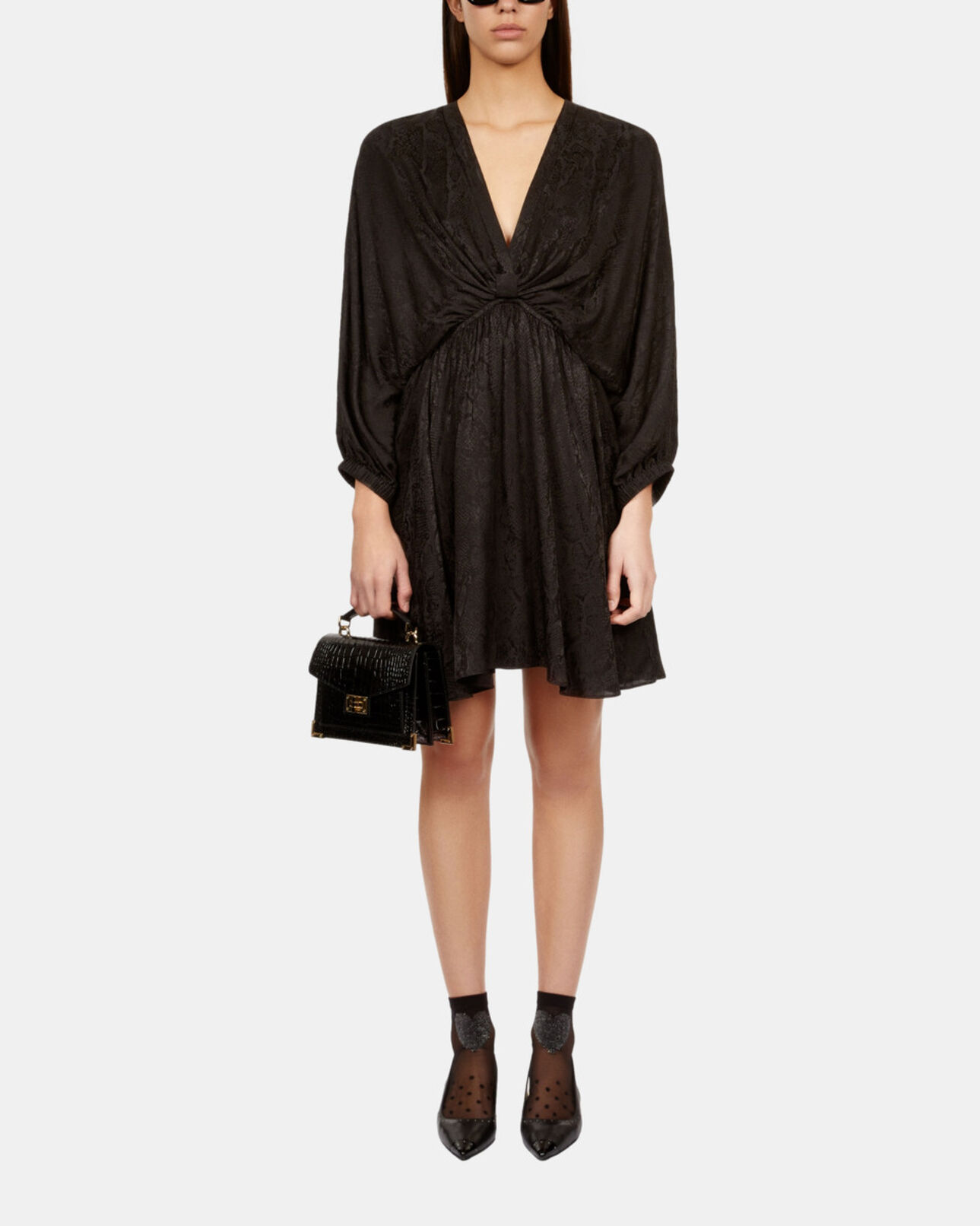 The Kooples DAMEN BLACK schwarzes kurzes jacquardkleid in pythonoptik mit drapierung