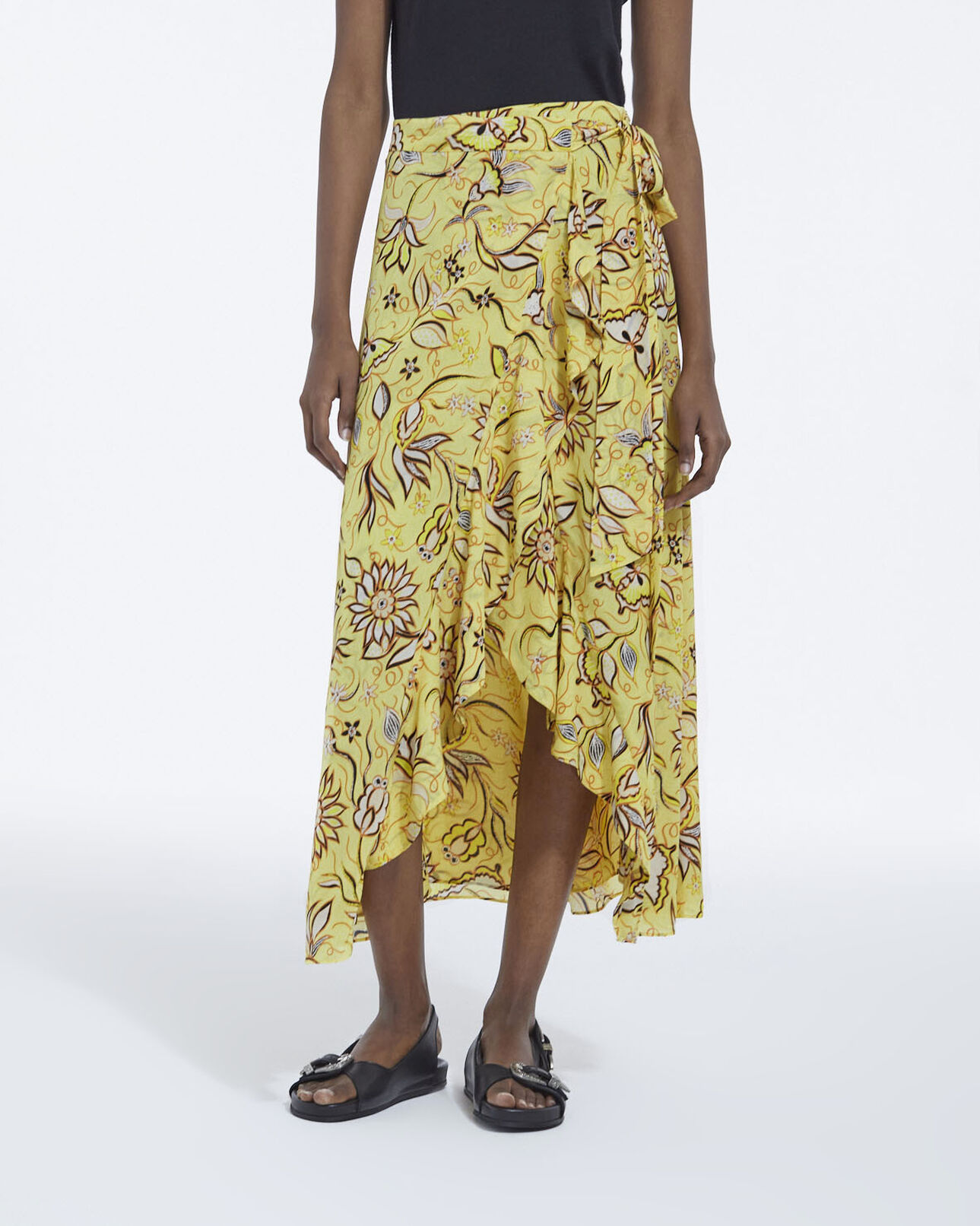 The Kooples FEMME YELLOW jupe longue portefeuille à fleurs jaunes