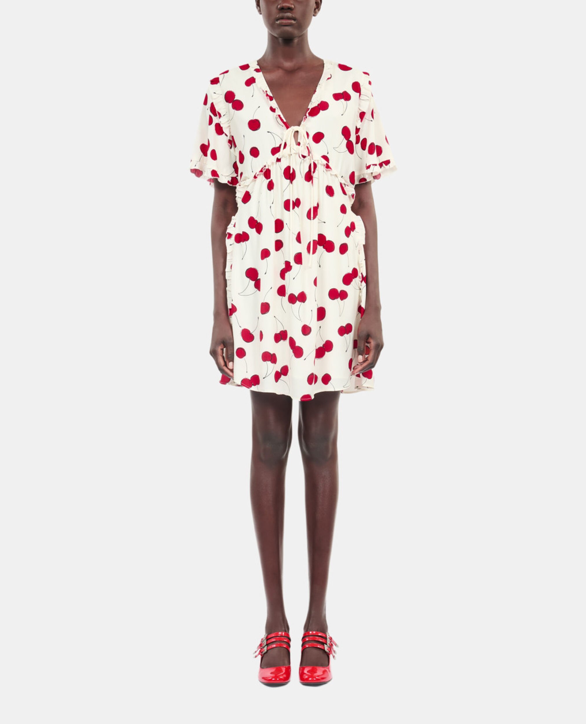Short cherry printed dress, ECRU RED, hi-res image number null