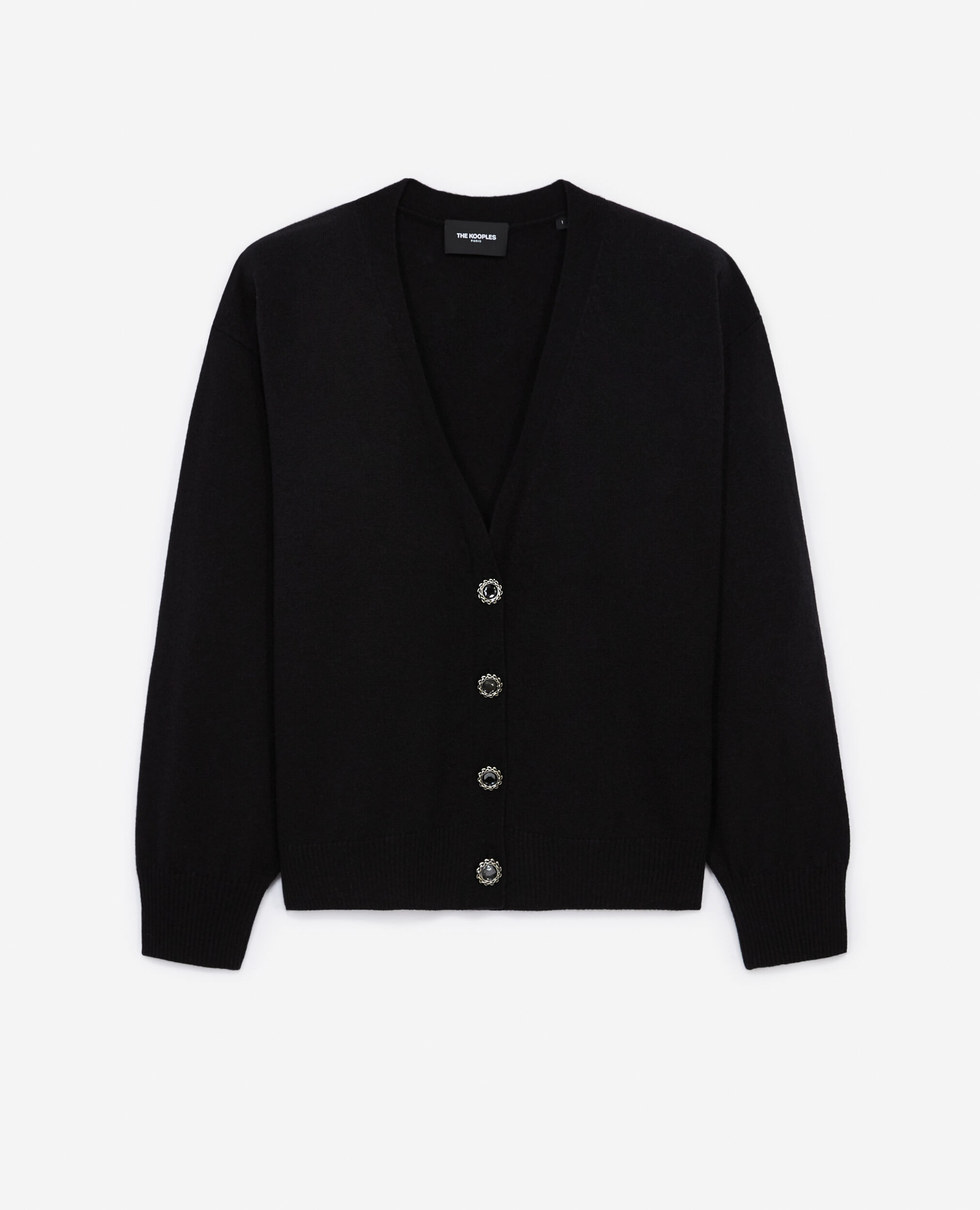 Cardigan laine noir boutons-bijoux, BLACK, hi-res image number null