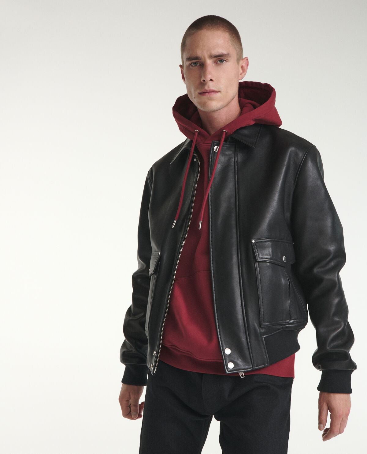 Leather jacket with aviator style collar