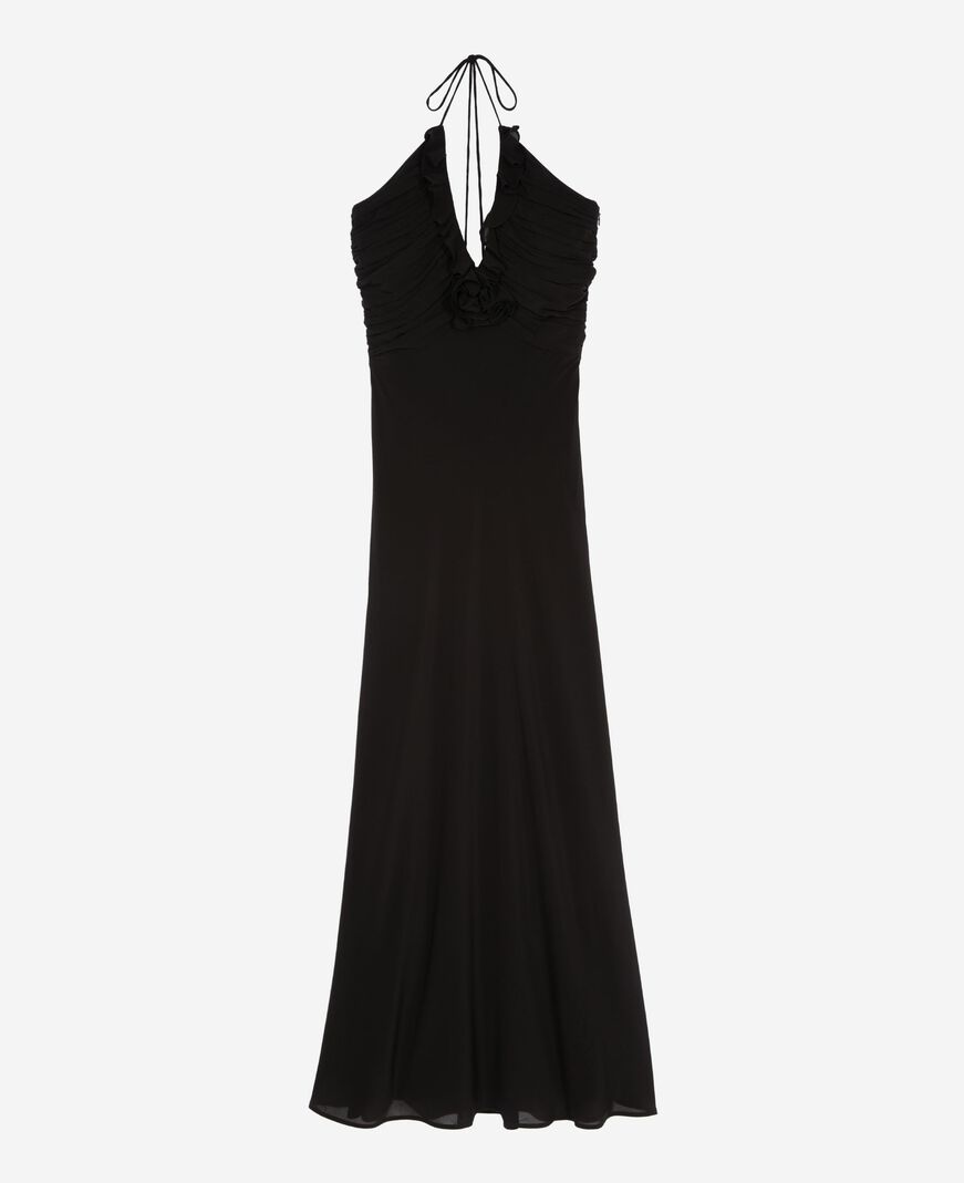The Kooples FEMME BLACK robe longue décolleté détail fleur noire