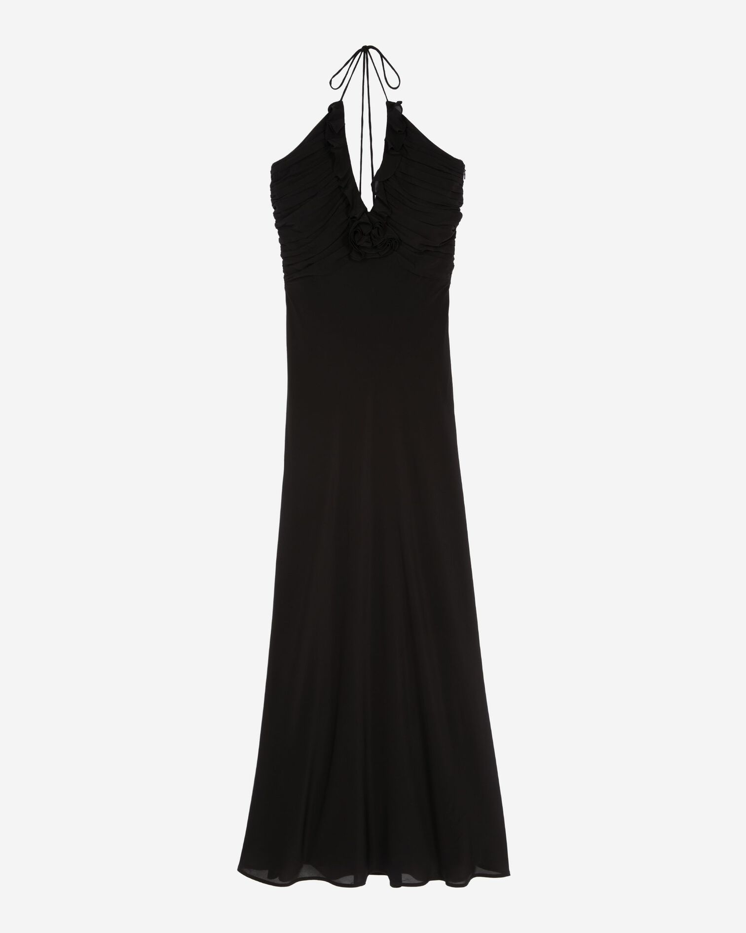 Robe longue décolleté détail fleur noire, BLACK, hi-res image number null