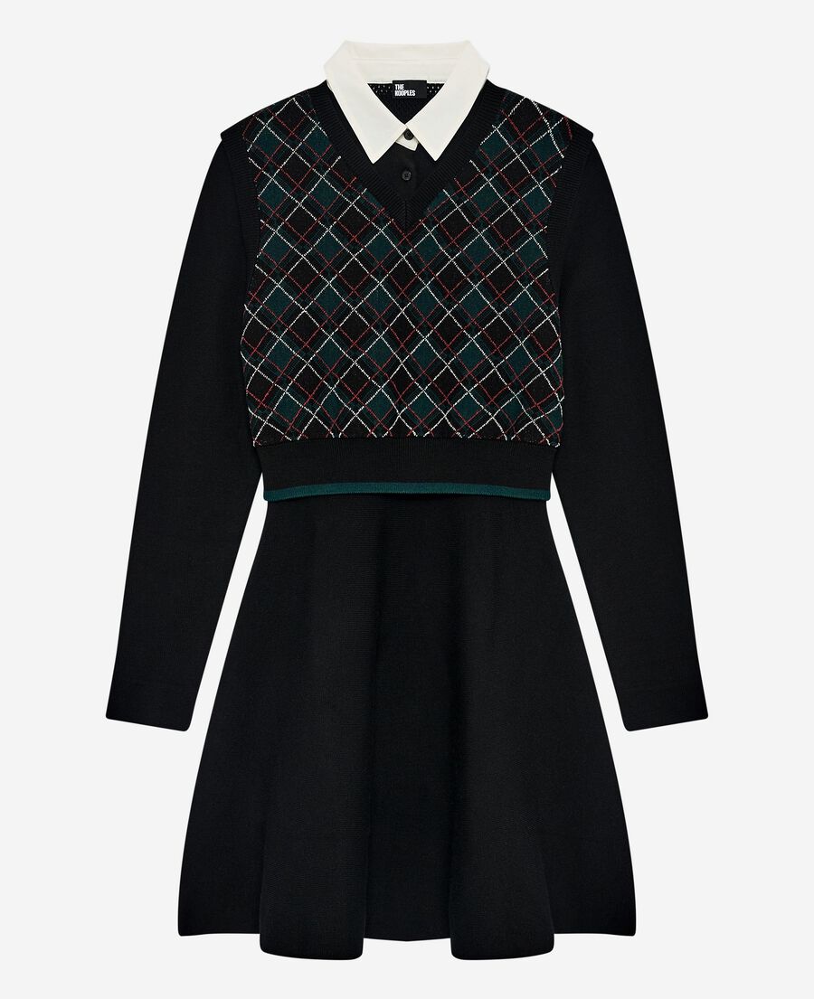 The Kooples WOMEN BLACK DARK GREEN green check knit short dress