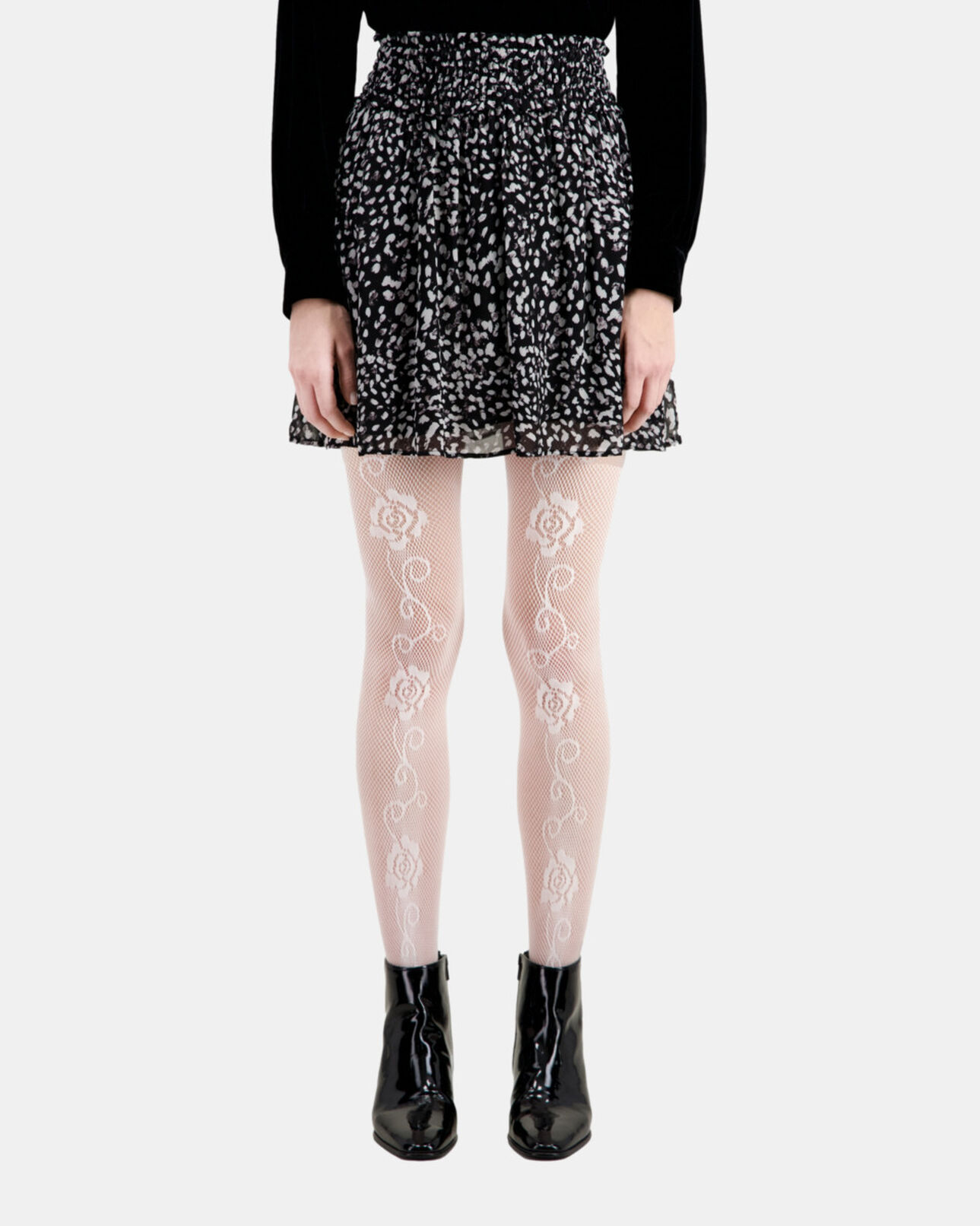 The Kooples WOMEN BLACK WHITE short printed skirt with smocking