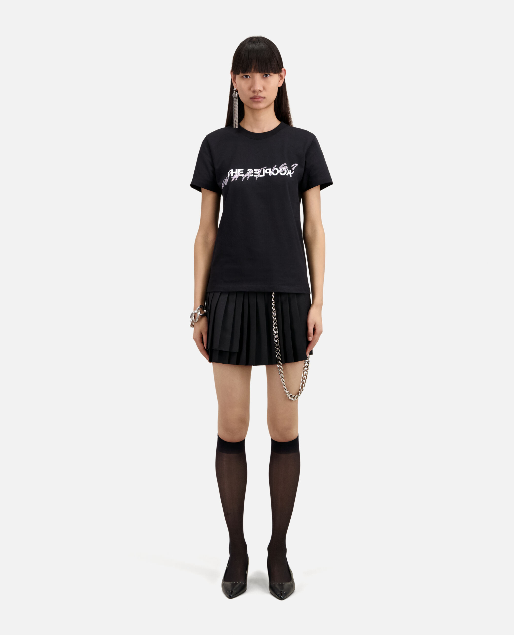 Schwarzes T-Shirt mit „What is“-Strassbesatz, BLACK, hi-res image number null