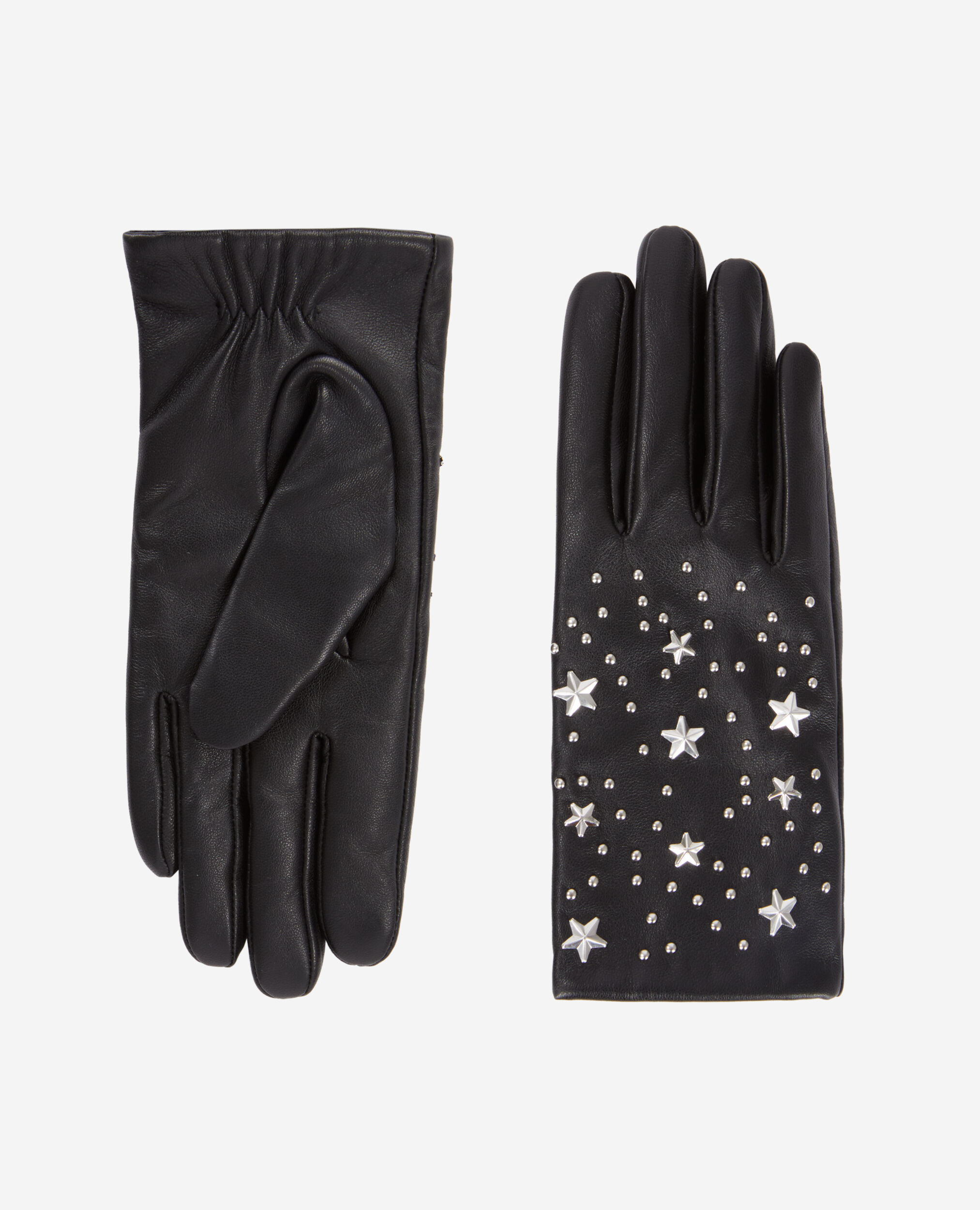 Women's black leather gloves with stars, BLACK, hi-res image number null