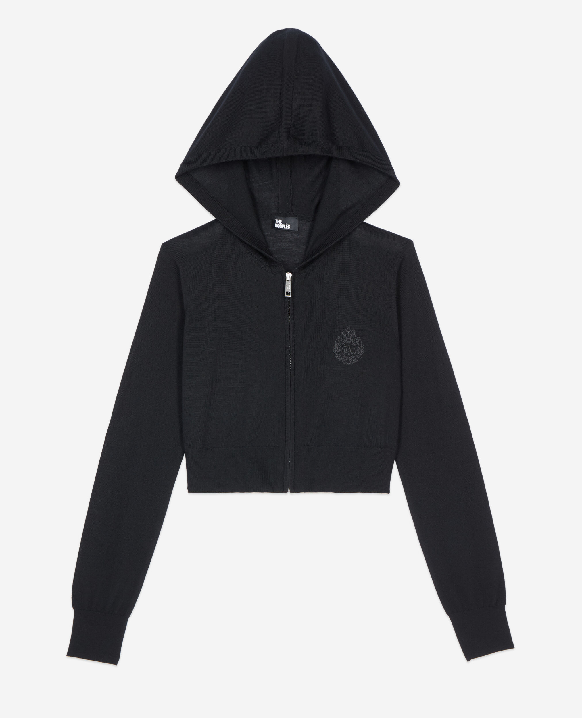 Black wool hooded cardigan, BLACK, hi-res image number null
