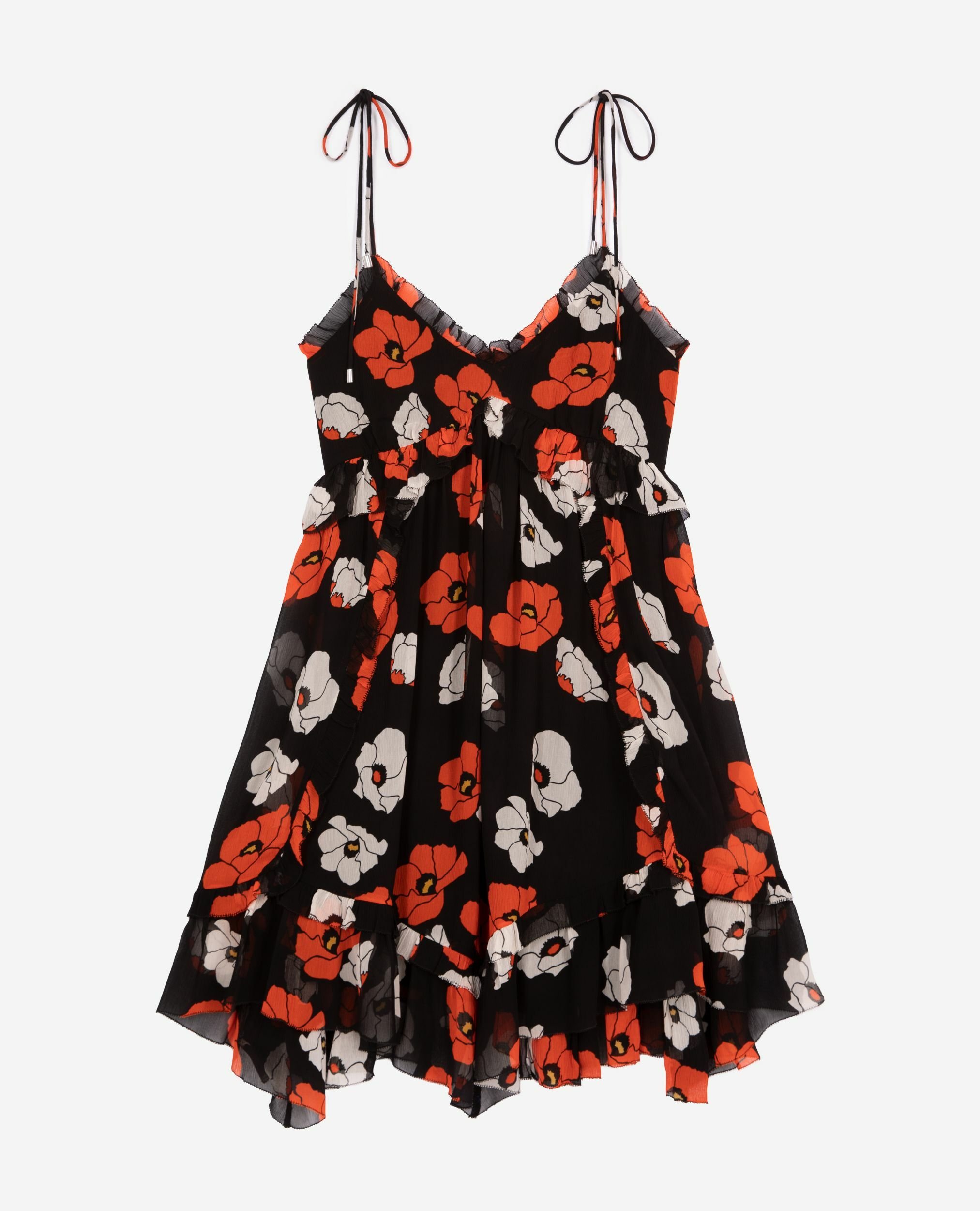 Black floral print short dress, BLACK RED OFF WHITE, hi-res image number null
