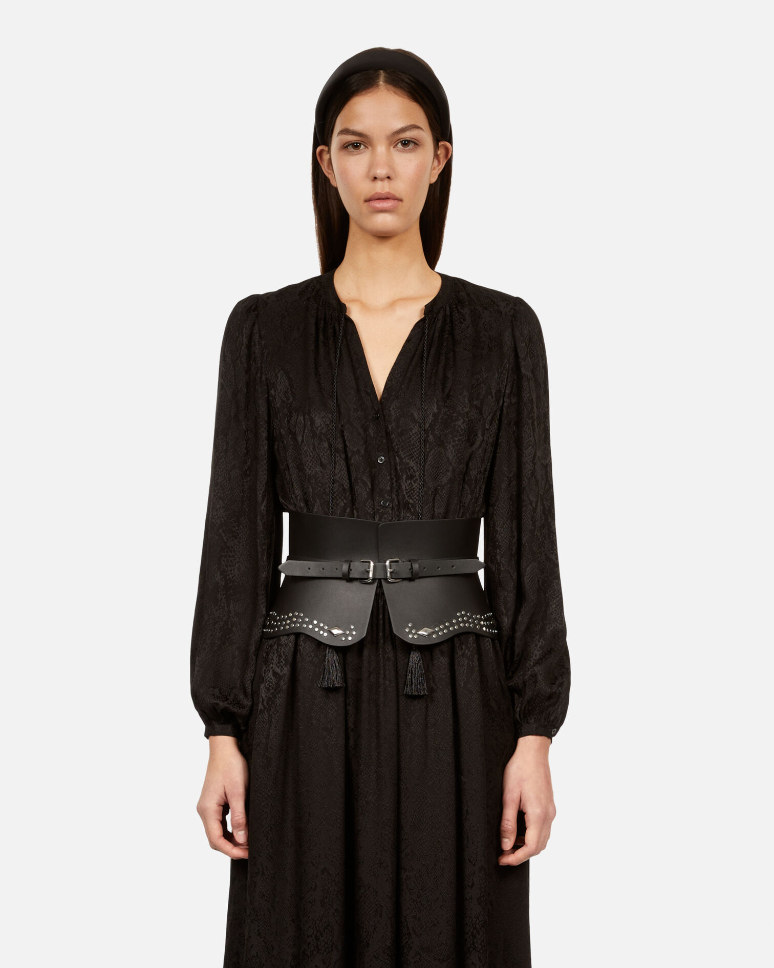 Ceinture corset en cuir noir avec clous, BLACK, hi-res image number null