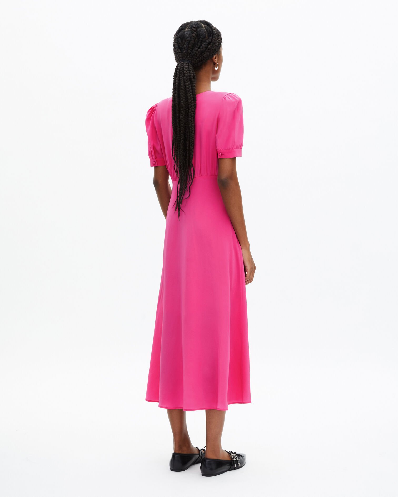 Robe longue avec boutonnage en soie rose, FUSHIA, hi-res image number null