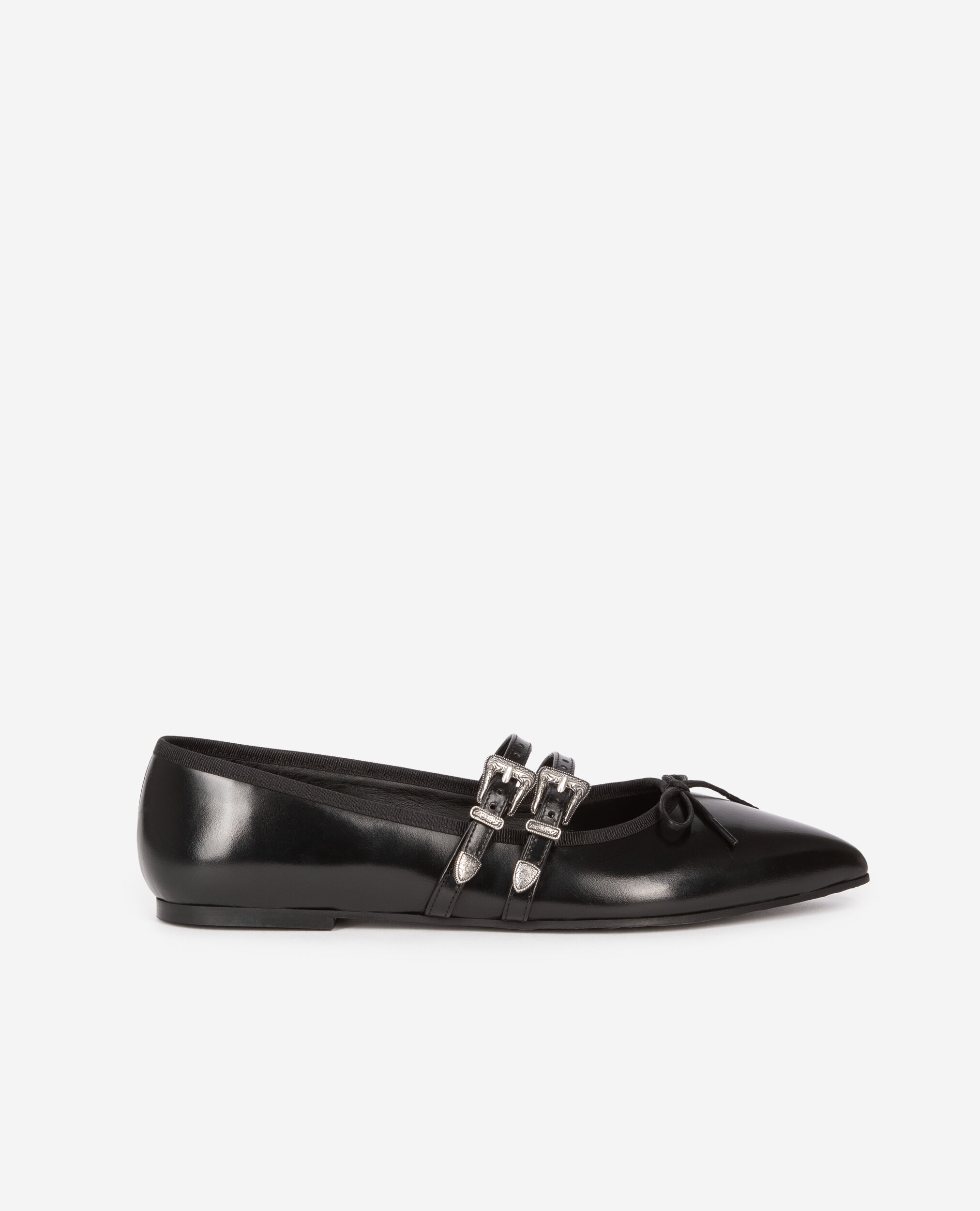 Black leather flat ballerinas, BLACK, hi-res image number null