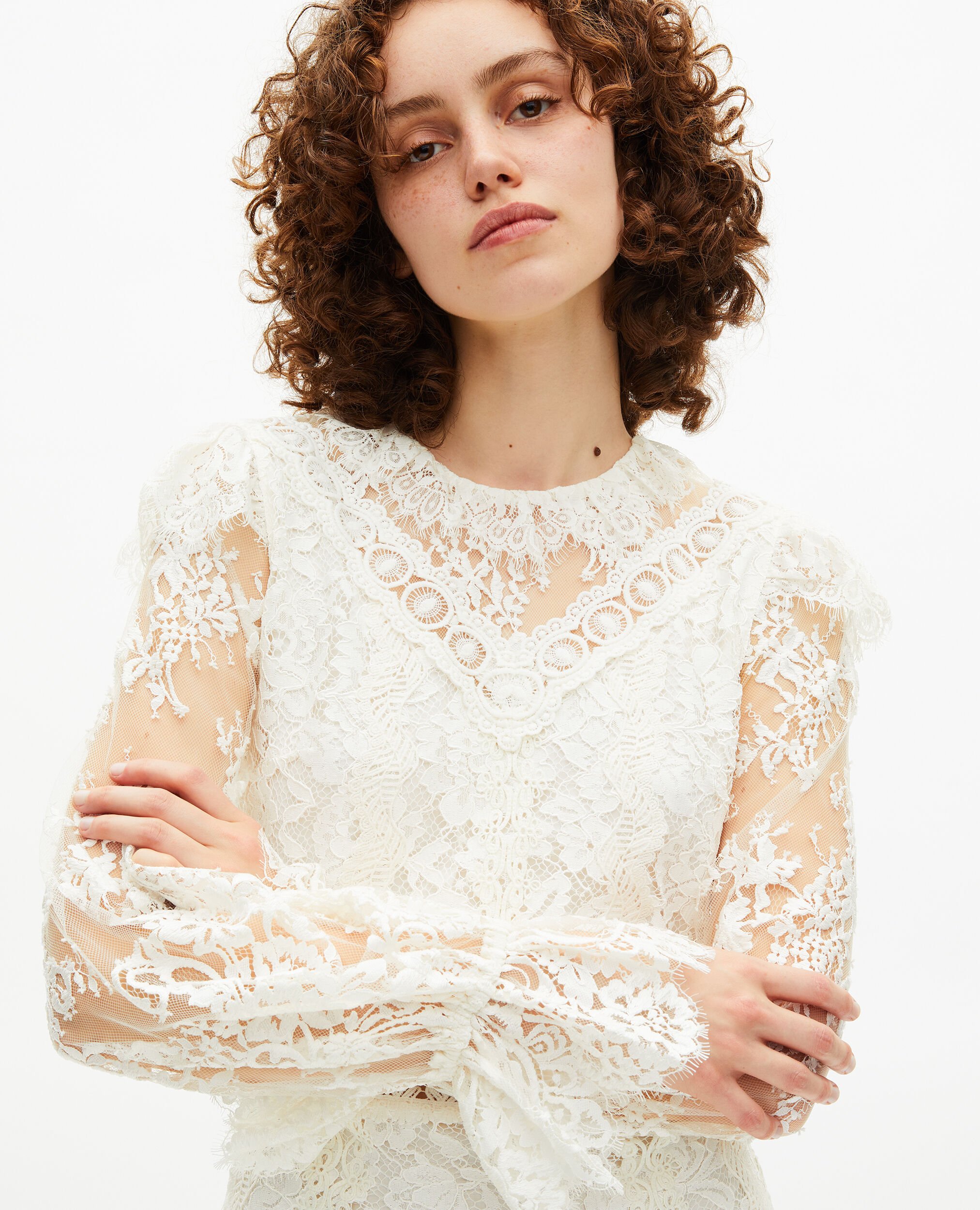 Short dress in ecru lace, WHITE, hi-res image number null