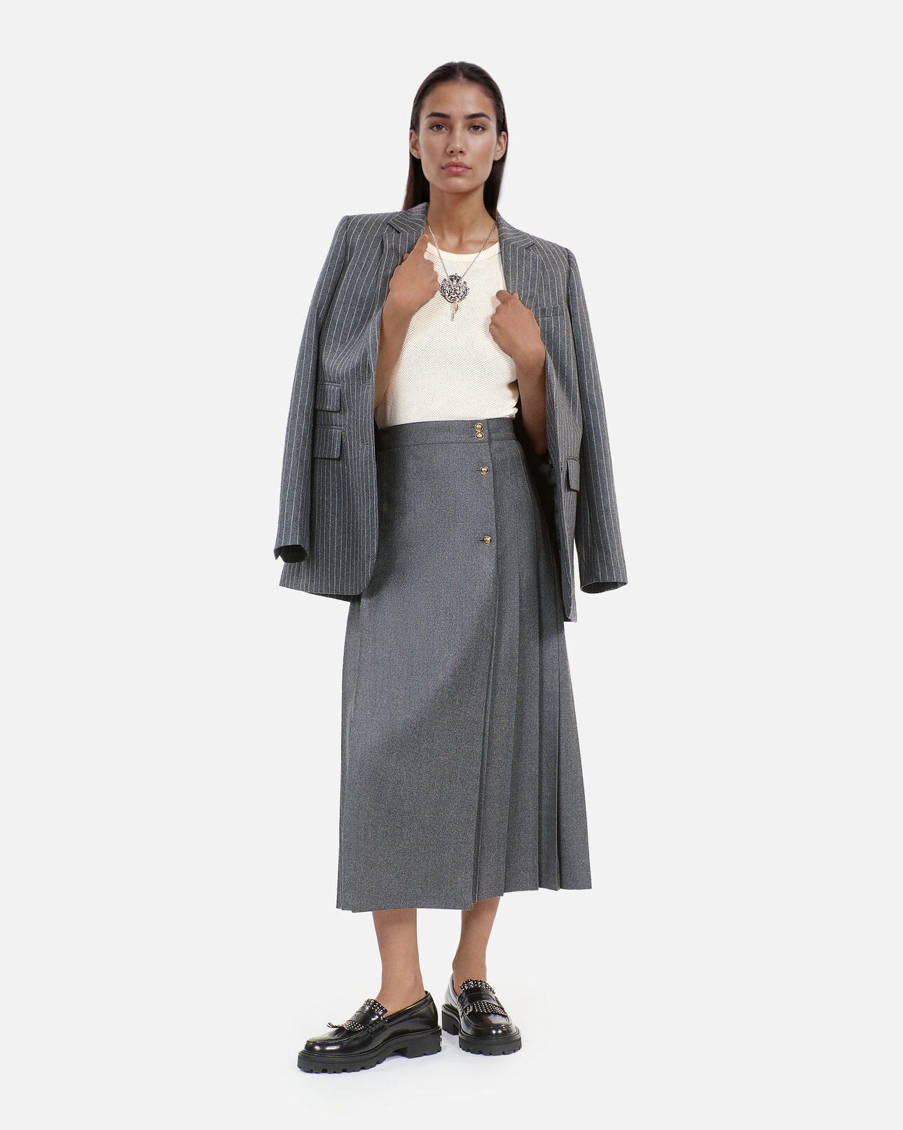 The Kooples WOMEN GREY long pleated grey wool skirt