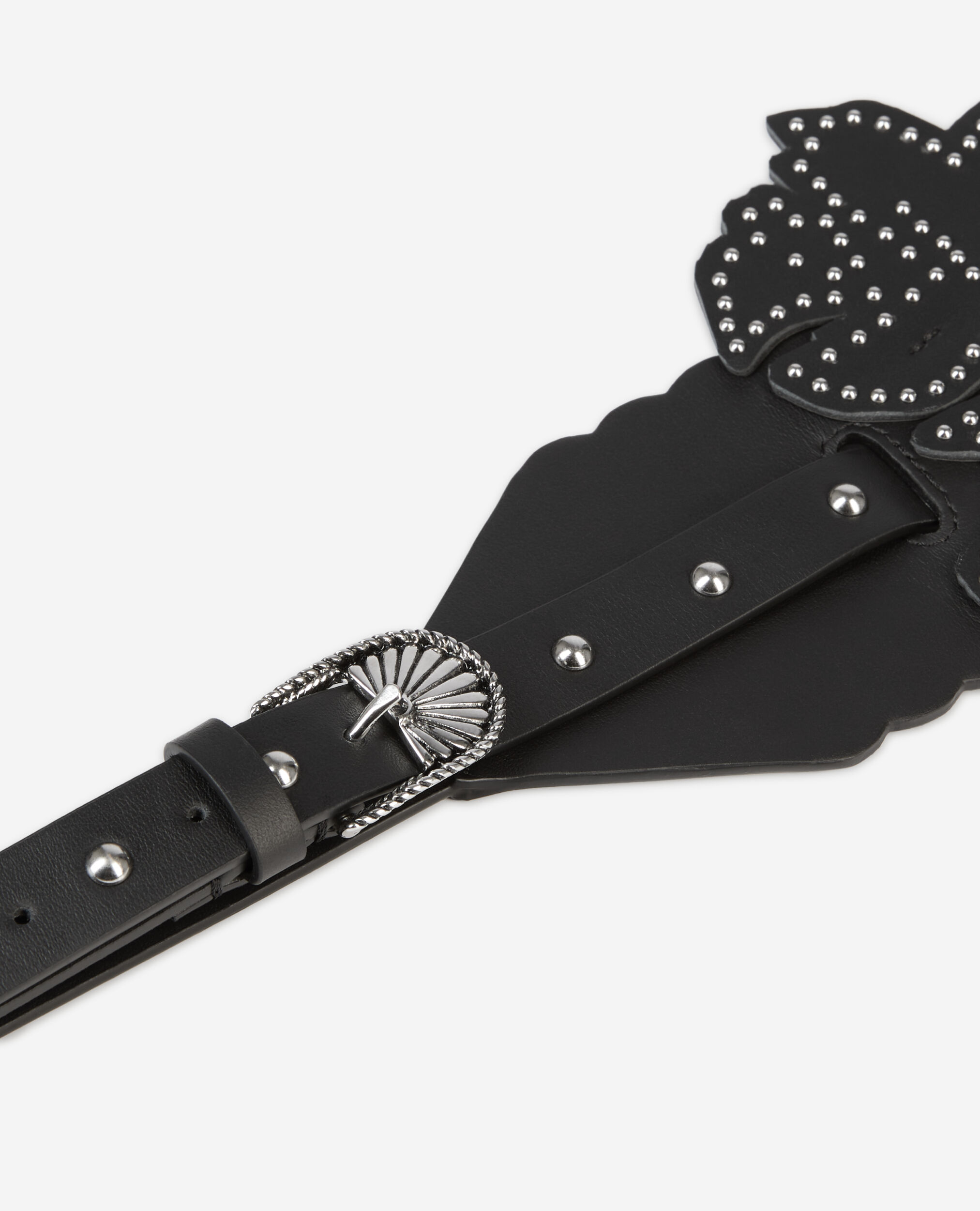 Wide black leather belt with flower inserts, BLACK, hi-res image number null
