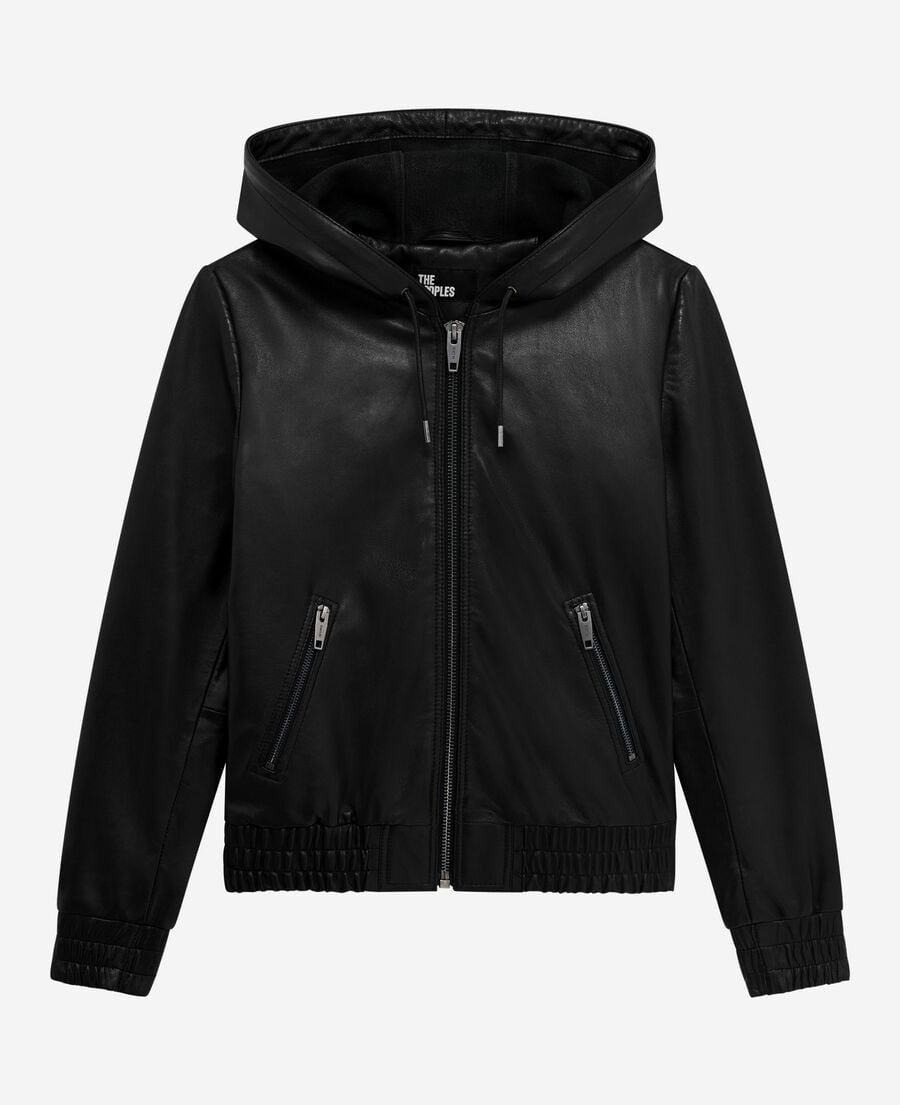 The Kooples FEMME BLACK blouson à capuche en cuir noir