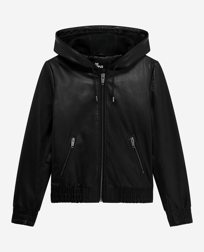 The Kooples F BLACK black leather hooded jacket