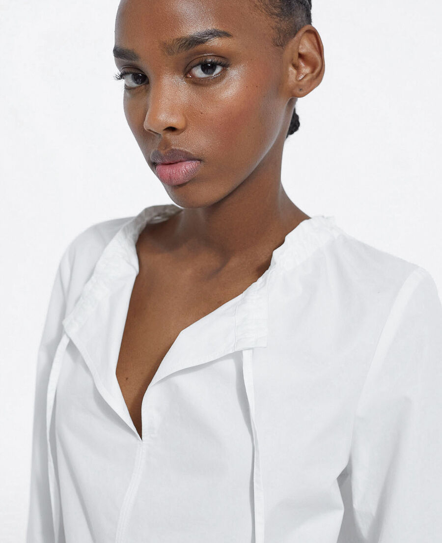 white cotton top with pleated tie-drop neck