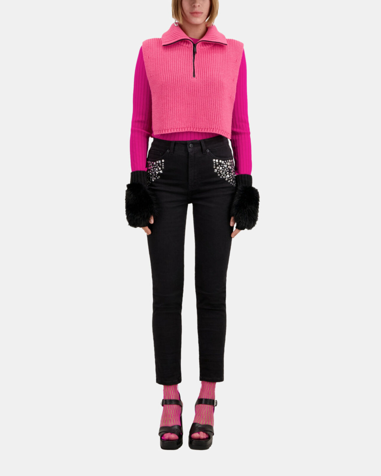 The Kooples FEMME OLD PINK col écharpe rose en laine côtelée