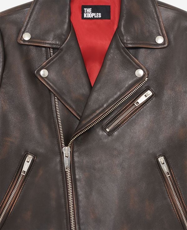 Blouson motard en cuir marron femme The Kooples