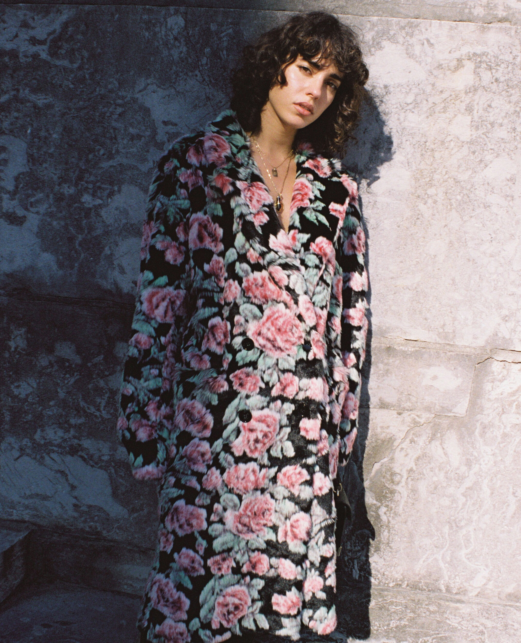 Long fur coat with Neon rose print, BLACK / PINK, hi-res image number null