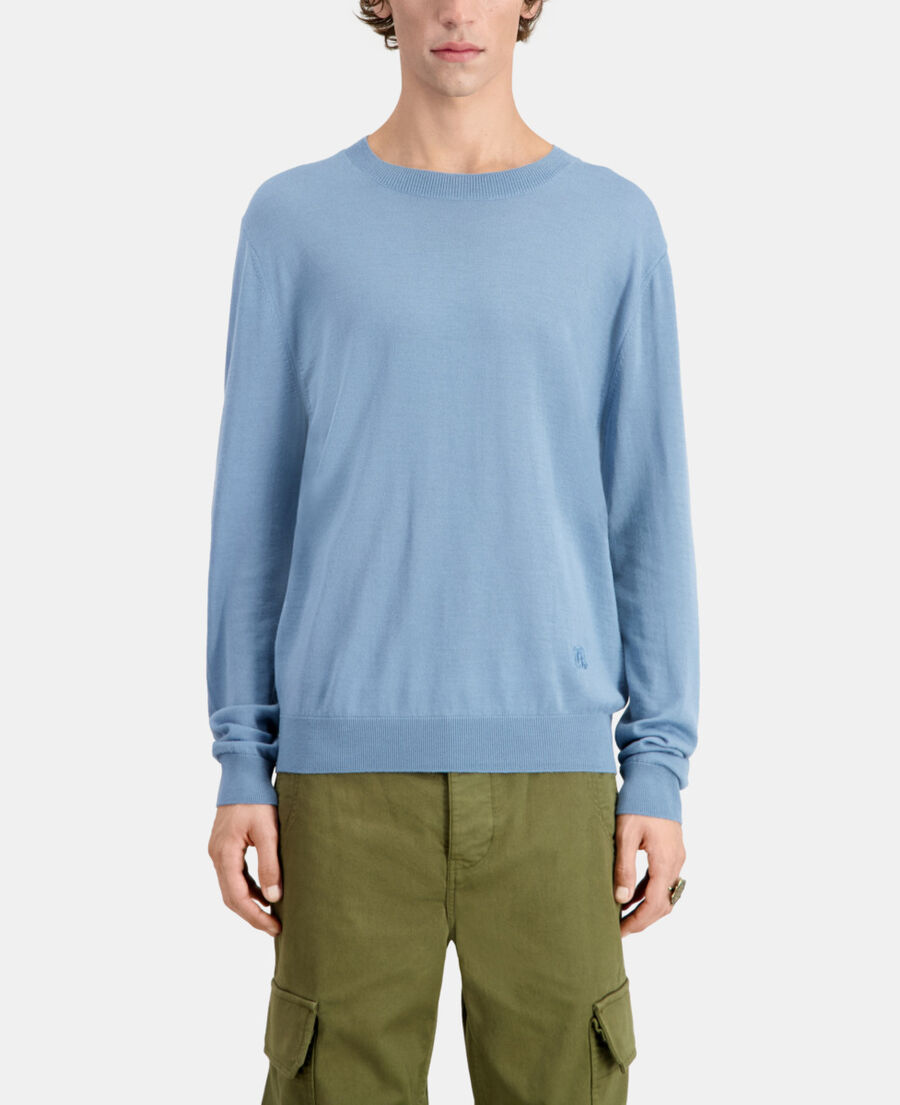 pull bleu en laine mérinos