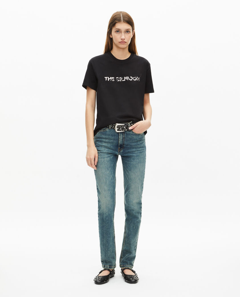 The Kooples DAMEN BLACK schwarzes t-shirt „what is“ mit strassbesatz