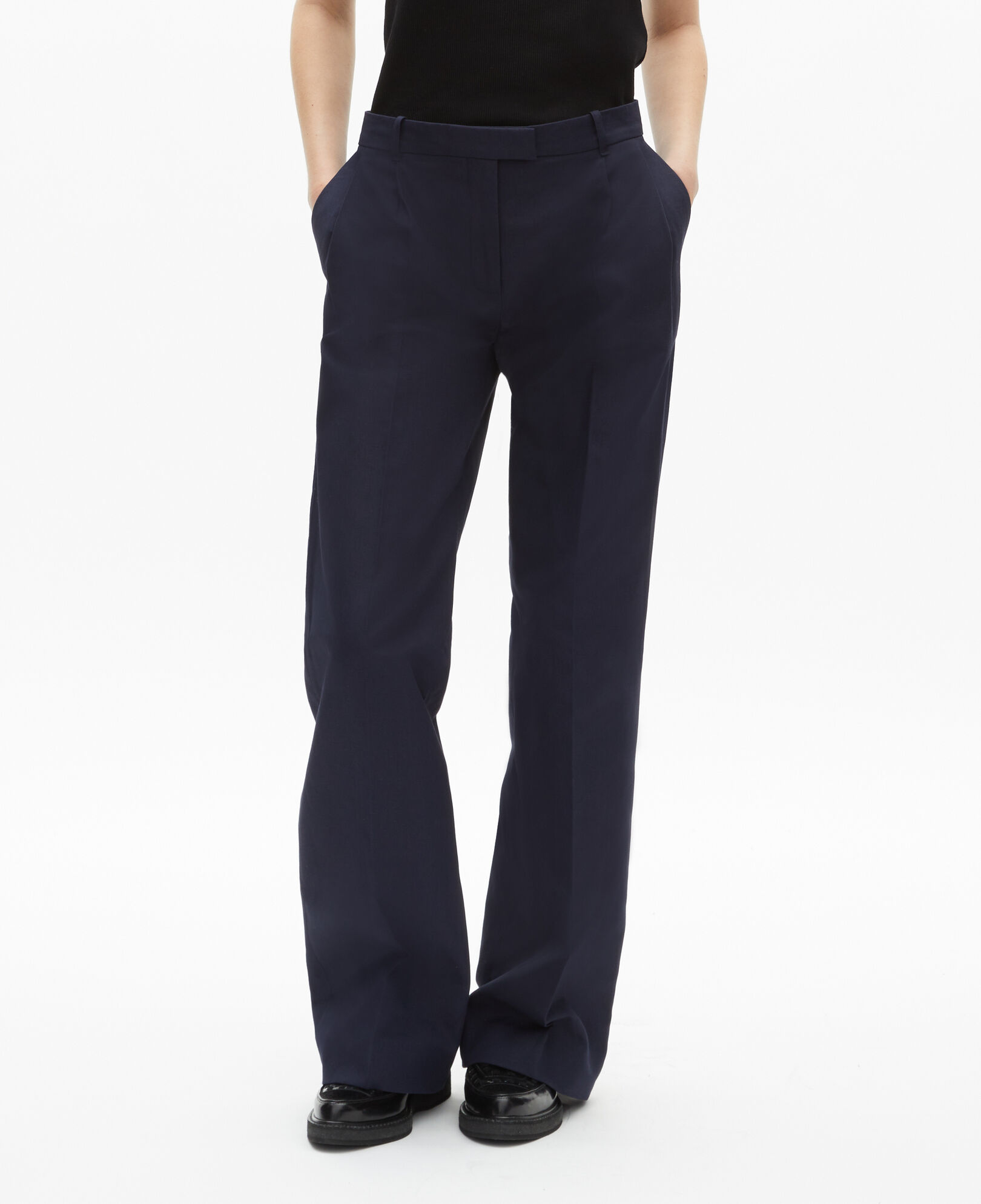 The Kooples WOMEN NAVY straight-cut navy blue cotton and linen flared pants