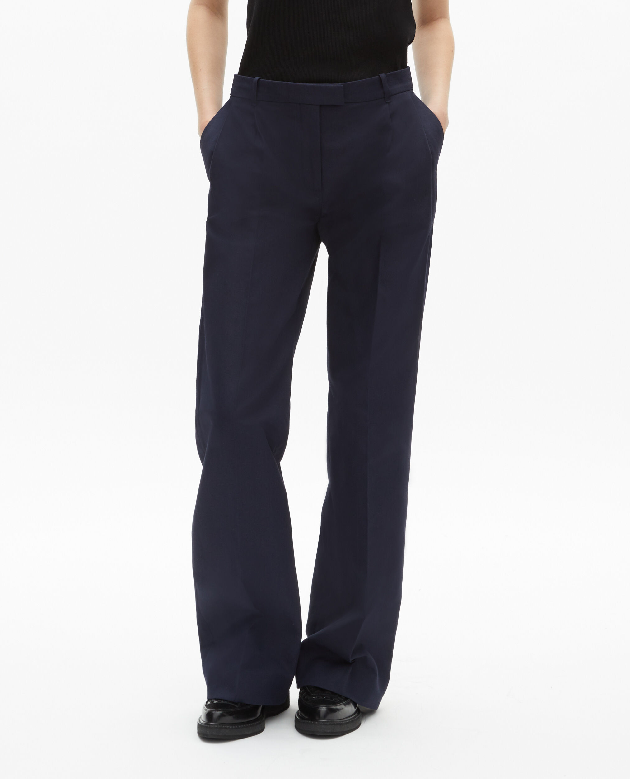 Straight-cut navy blue cotton and linen flared pants, NAVY, hi-res image number null
