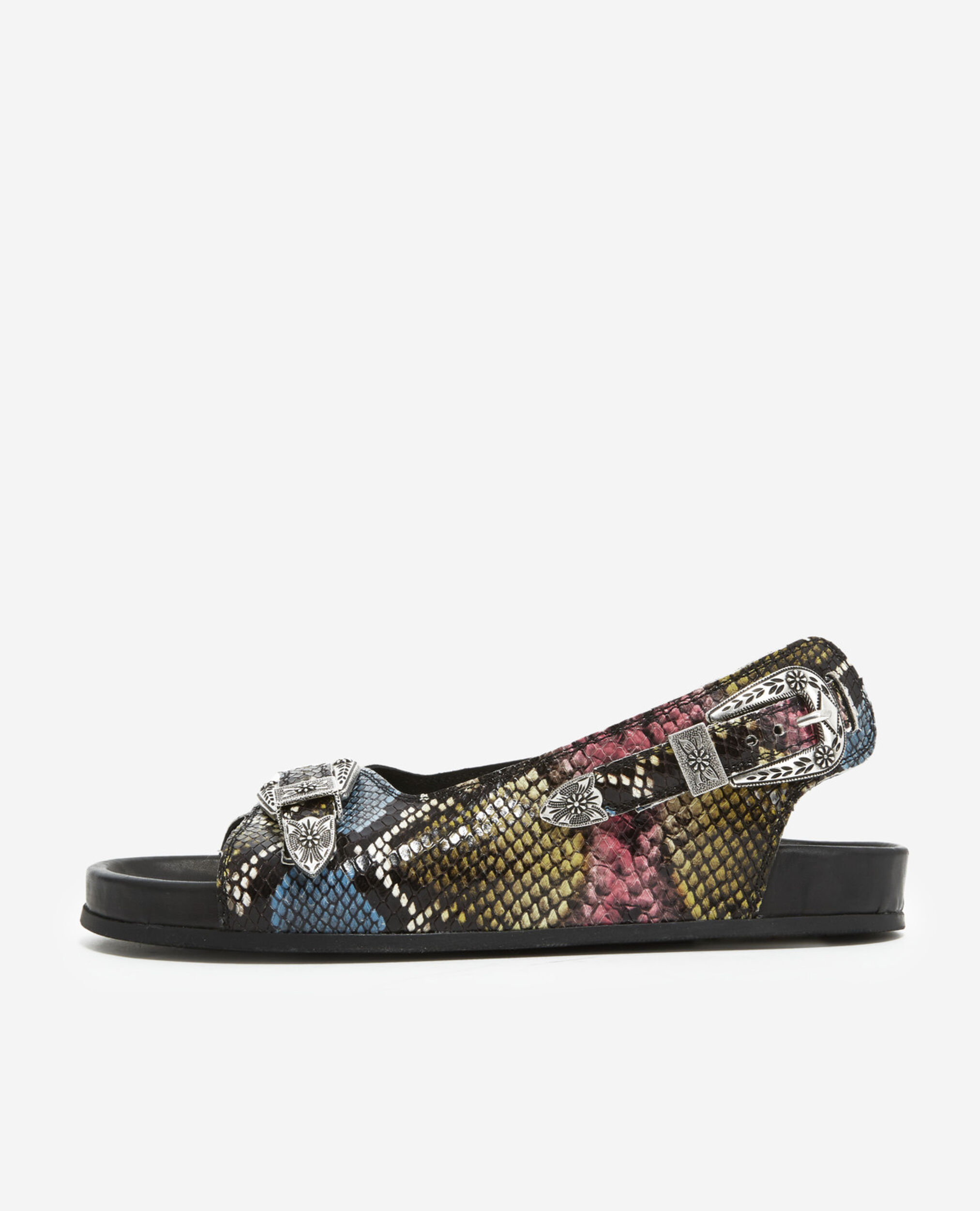 Flat leather sandals w/ colored snake effect, BLACK/ PINK/ YELLOW, hi-res image number null