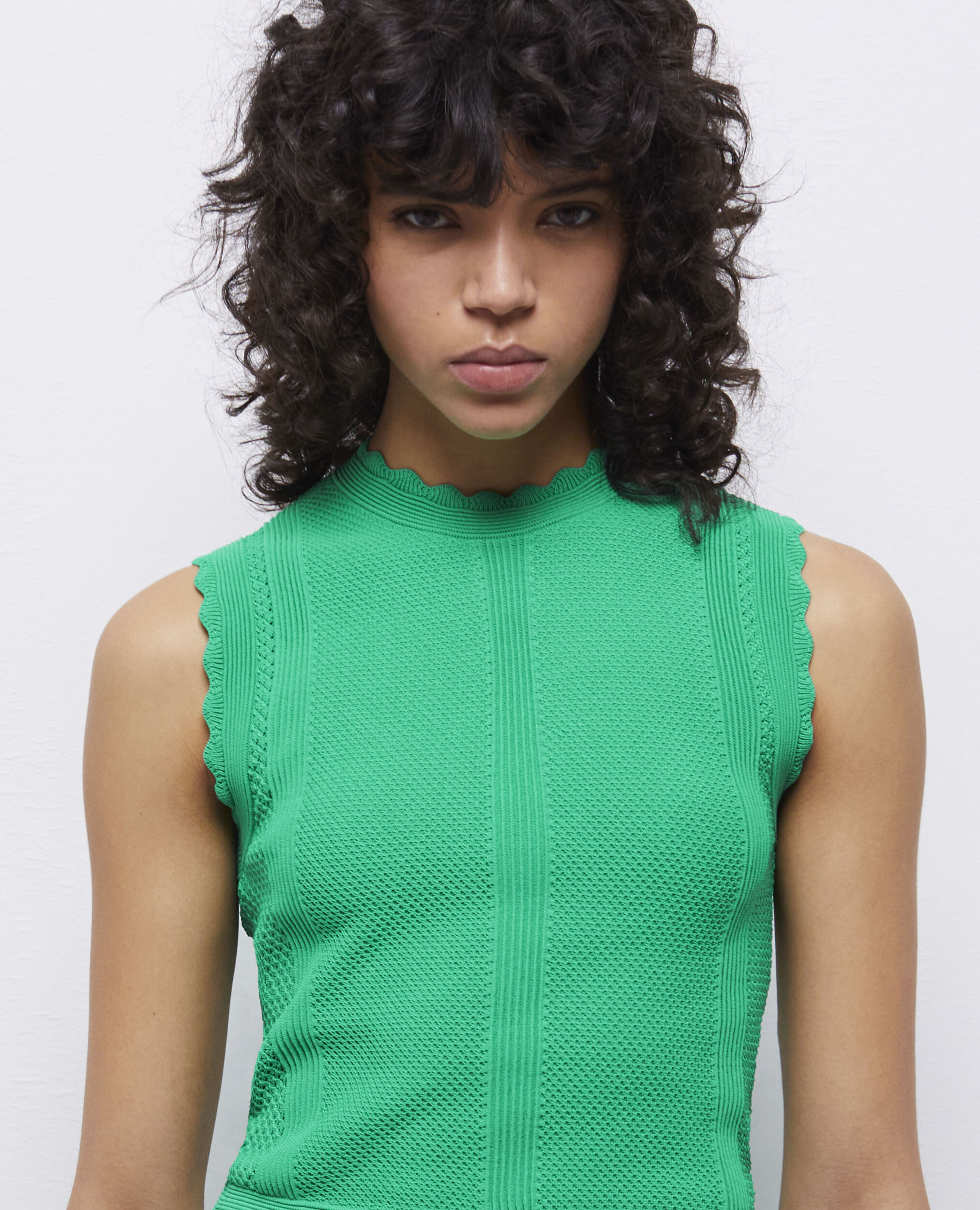 Green short openwork knit top, GREEN, hi-res image number null